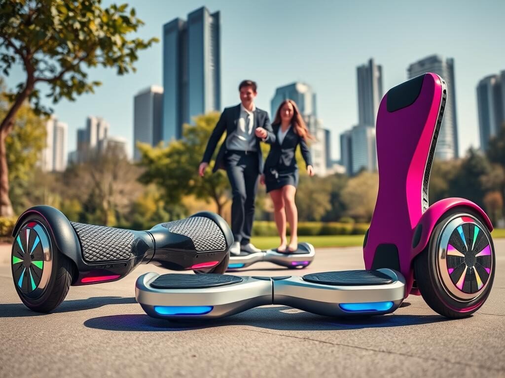 A dynamic portrayal of futuristic hoverboards, featuring a variety of sleek designs and vibrant colors. In the foreground, showcase three distinct hoverboards: one with LED lights, one with a textured surface for grip, and another with an ultra-modern carbon fiber finish. The middle ground includes a serene park setting, where a couple of individuals are casually riding the hoverboards, dressed in professional business attire to reflect a stylish, urban lifestyle. In the background, tall city skyscrapers and a clear blue sky suggest an innovative ambiance. Use bright, natural lighting to evoke a sense of excitement and progress, with a slight wide-angle perspective to capture the essence of movement and technology. The overall mood should be uplifting and adventurous, reflecting the spirit of hoverboarding culture in 2026. A dynamic portrayal of futuristic hoverboards, featuring a variety of sleek designs and vibrant colors. In the foreground, showcase three distinct hoverboards: one with LED lights, one with a textured surface for grip, and another with an ultra-modern carbon fiber finish. The middle ground includes a serene park setting, where a couple of individuals are casually riding the hoverboards, dressed in professional business attire to reflect a stylish, urban lifestyle. In the background, tall city skyscrapers and a clear blue sky suggest an innovative ambiance. Use bright, natural lighting to evoke a sense of excitement and progress, with a slight wide-angle perspective to capture the essence of movement and technology. The overall mood should be uplifting and adventurous, reflecting the spirit of hoverboarding culture in 2026.