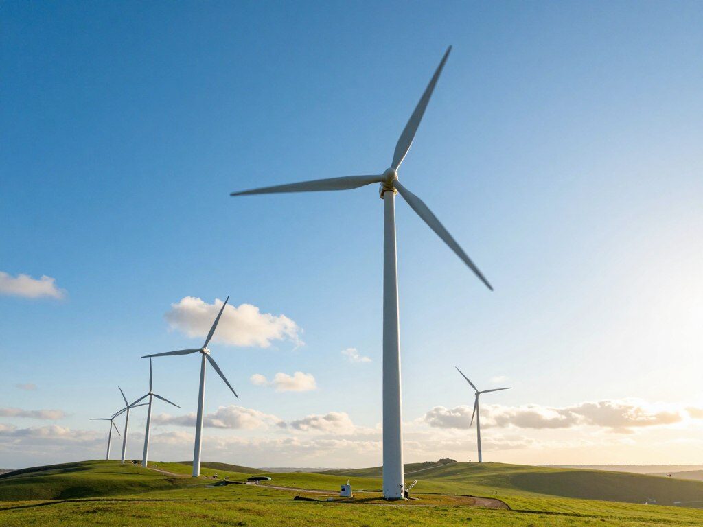 A dynamic scene depicting wind turbines generating electricity in a bright, sunny landscape. In the foreground, a modern wind turbine stands tall with its blades spinning gracefully against a clear blue sky. In the middle ground, several additional turbines can be seen stretching across a gently rolling green hill, symbolizing their widespread use. The background features a distant horizon with soft, fluffy clouds and a hint of a sun setting, casting warm golden light over the scene. The atmosphere is vibrant and optimistic, showcasing renewable energy in action. The image should have a wide-angle perspective to capture the scale of the turbines, with sharp focus on the turbines and a subtle blur in the background for depth.