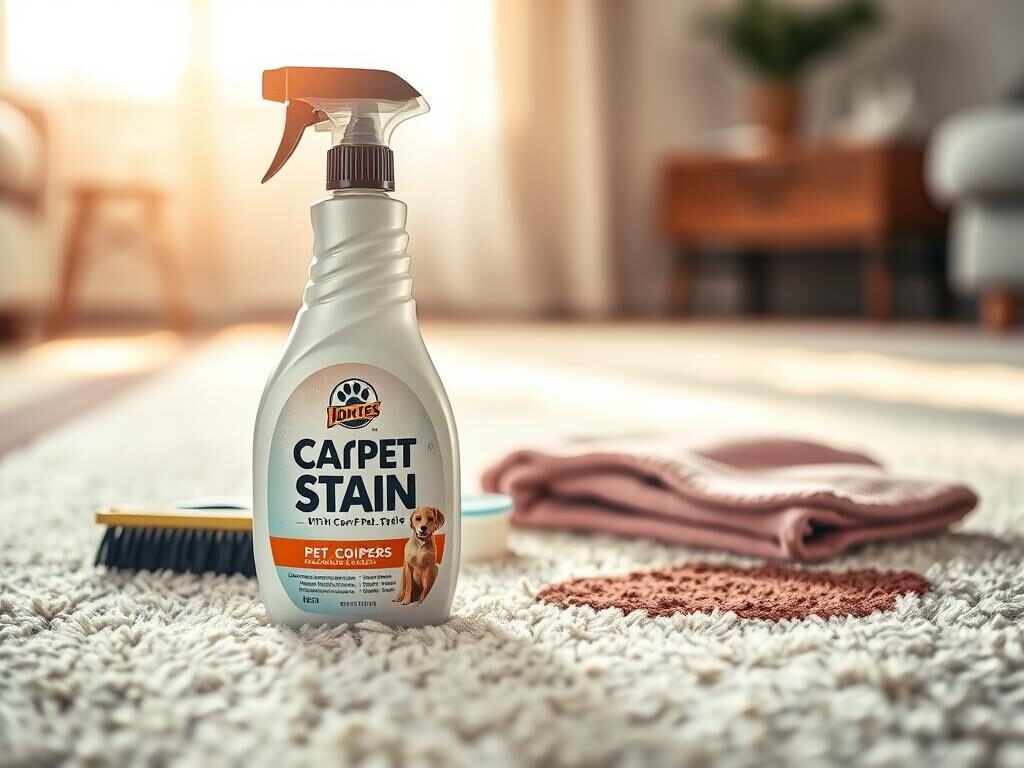 A focused image of a bottle of carpet stain cleaner prominently displayed in the foreground, showcasing its sleek design with a bright label that highlights its effectiveness in removing pet stains. Surround the bottle with a few additional cleaning tools like a scrub brush and a small cloth, artistically positioned to suggest an organized cleaning setup. In the middle ground, softly blurred carpet fibers can be seen, stained in various colors to illustrate the problem, emphasizing the product's purpose. The background should feature a well-lit room with warm, natural lighting to create an inviting atmosphere. Use a shallow depth of field to draw attention directly to the cleaner, ensuring the overall mood feels professional yet approachable, suitable for showcasing the product in a home cleaning context.