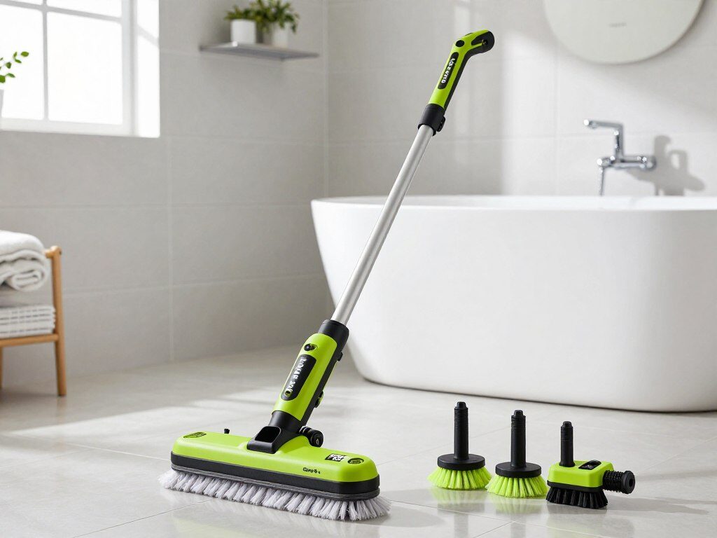 A high-quality image of the Ryobi One+ 18V Telescoping Power Scrubber Kit prominently displayed in the foreground, showcasing its bright green and black design. The scrubber is depicted fully assembled, with its telescoping handle extended to highlight its reach. Include various scrubbing brush attachments arranged neatly beside it, emphasizing versatility. In the middle ground, illustrate a clean modern bathroom setting with gleaming tiles and a bathtub, softly lit by natural light streaming in from a nearby window, creating a fresh and inviting atmosphere. The background should feature subtle bathroom decor elements, such as towel racks and houseplants, to set the scene without distraction. The overall mood should convey professionalism and functionality, ideal for a heavy-duty cleaning tool.