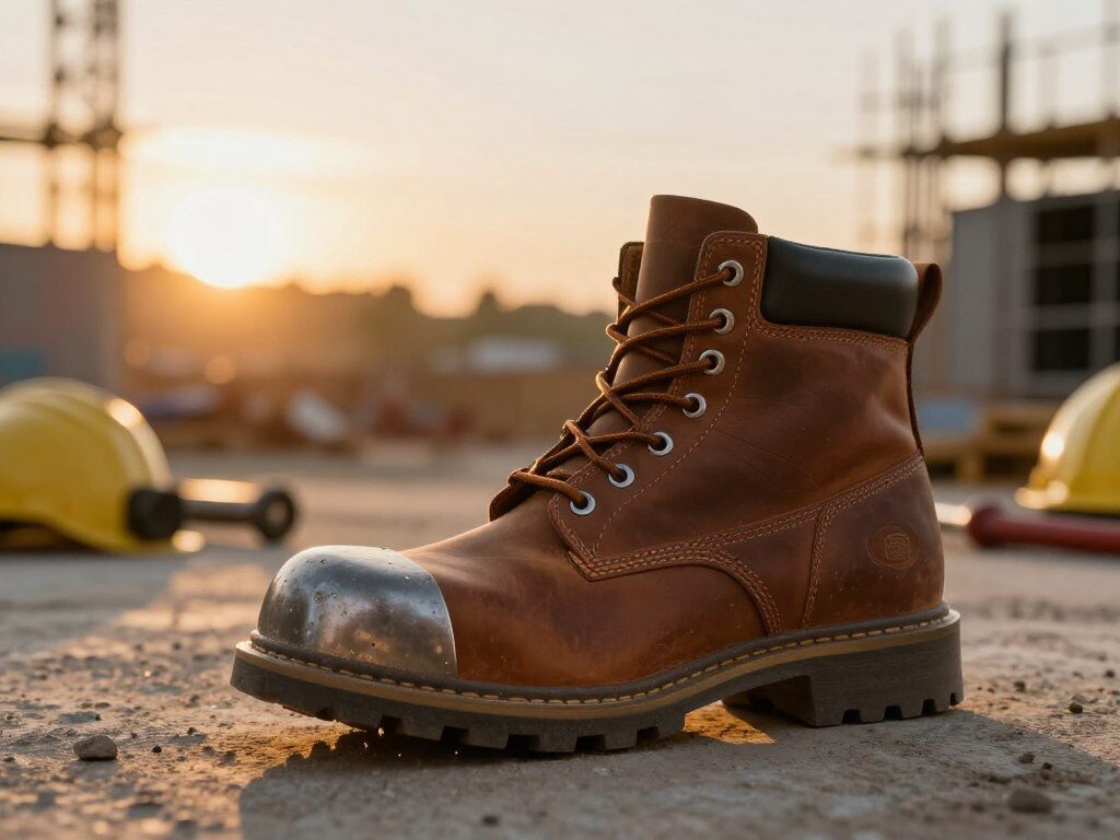 A high-quality work boot prominently displayed in the foreground, showcasing a rugged leather exterior with reinforced stitching and a slip-resistant sole. The boot's toe features a durable steel cap, adding a sense of strength and protection. In the middle ground, a blurred construction site conveys the boot's work environment, with tools and safety equipment subtly hinting at its purpose. The background features a soft-focus view of a sunrise, casting warm golden light and creating an uplifting atmosphere. The scene is shot at a low angle to emphasize the boot's features, using natural lighting to highlight textural details. The overall mood is professional and focused, embodying the essential qualities of modern work boots.