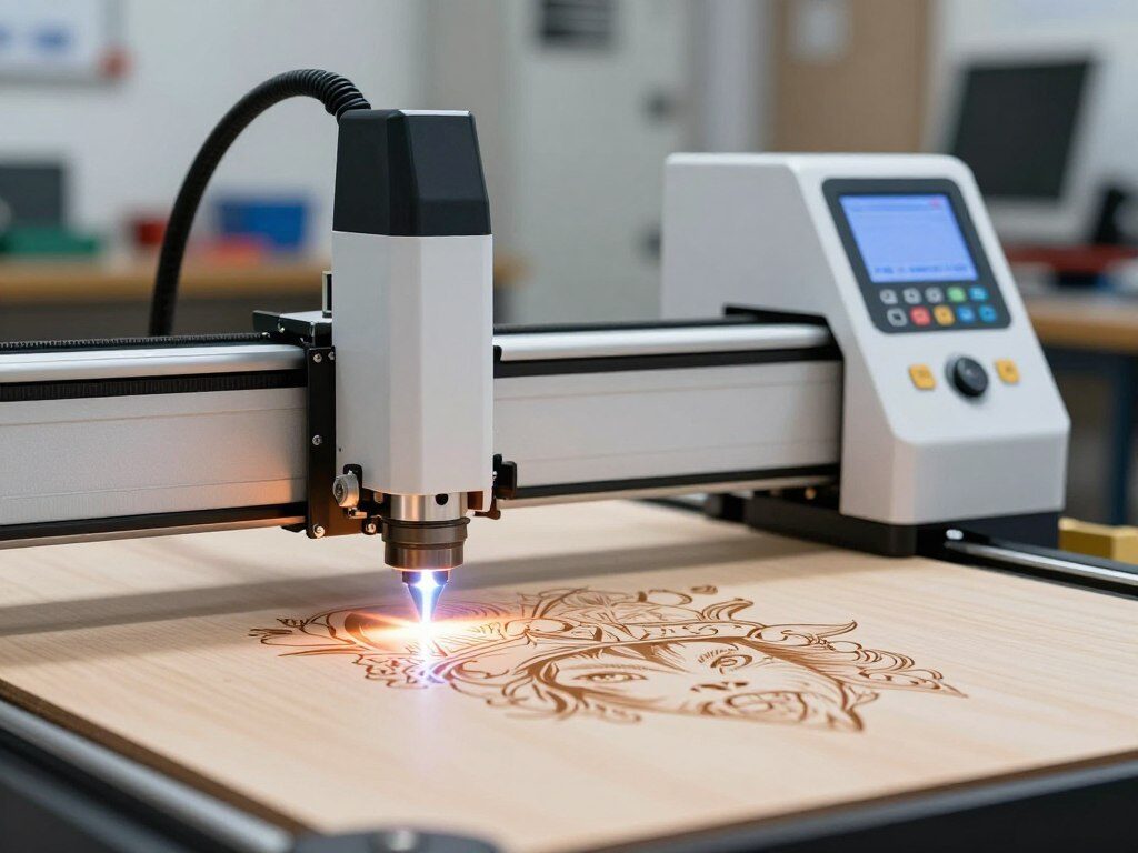 A high-tech laser engraving machine in action, showcasing intricate designs being etched onto a wooden surface. In the foreground, the laser beam emits a vivid, bright light, illuminating fine details as it cuts through the material. The middle ground features the sleek, modern laser engraver, with visible controls and a digital display, highlighting innovative technology. The background reveals a workshop environment, with tools and materials neatly organized, ensuring a professional ambiance. Soft, focused lighting emphasizes the precision of the engraving process, while a shallow depth of field directs attention to the engraving work. The overall atmosphere conveys a sense of cutting-edge technology and craftsmanship, inviting viewers to explore the world of laser engraving. A high-tech laser engraving machine in action, showcasing intricate designs being etched onto a wooden surface. In the foreground, the laser beam emits a vivid, bright light, illuminating fine details as it cuts through the material. The middle ground features the sleek, modern laser engraver, with visible controls and a digital display, highlighting innovative technology. The background reveals a workshop environment, with tools and materials neatly organized, ensuring a professional ambiance. Soft, focused lighting emphasizes the precision of the engraving process, while a shallow depth of field directs attention to the engraving work. The overall atmosphere conveys a sense of cutting-edge technology and craftsmanship, inviting viewers to explore the world of laser engraving.