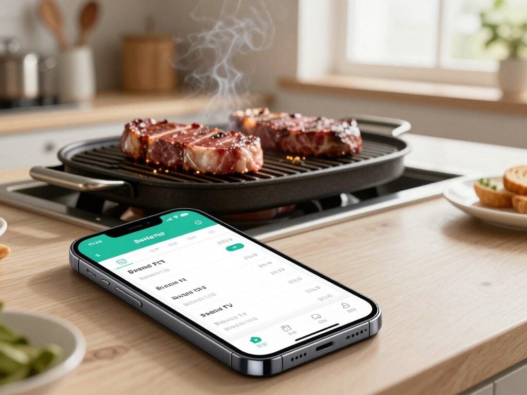 A high-tech wireless meat thermometer app displayed on a modern smartphone, showcasing a sleek and user-friendly interface. In the foreground, the smartphone screen glows brightly with temperature readings and cooking times. The middle ground features a gourmet kitchen setting, complete with a charcoal grill and sizzling steaks, indicating the use of the thermometer in action. In the background, softly blurred kitchen utensils and a window with natural light pouring in create a warm, inviting atmosphere. Capture this scene from a slight top-down angle to emphasize the app's features and the mouthwatering food. The overall mood should be one of innovation and culinary excitement, highlighting the evolution of cooking technology.