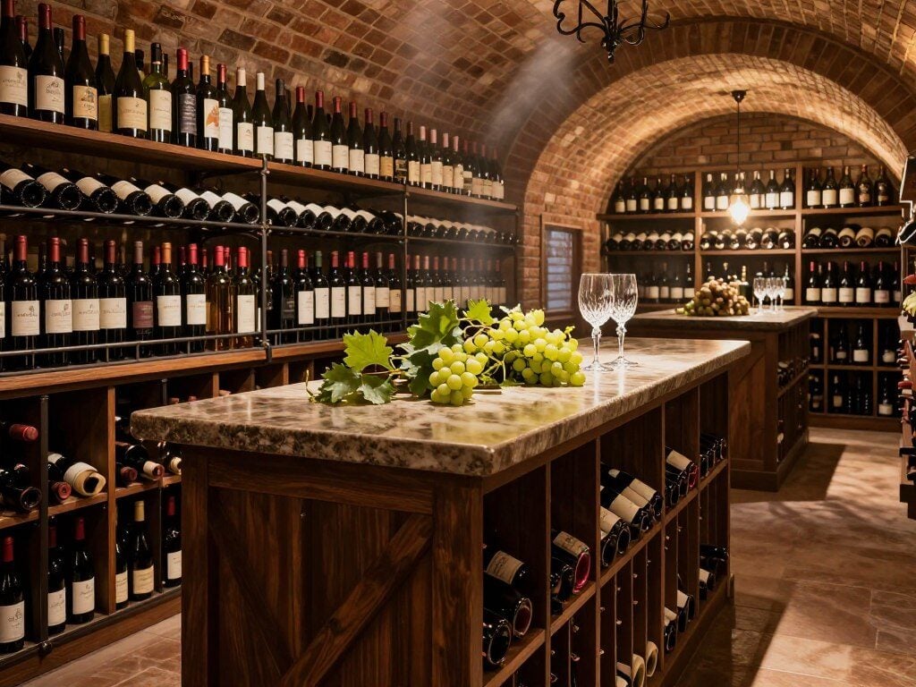A luxurious wine cellar filled with rows of elegantly arranged wine bottles. The foreground features dark wood racking, with some bottles displayed magnificently on wrought iron shelves. In the middle, a polished stone countertop is adorned with a lush grapevine centerpiece, alongside a couple of crystal wine glasses that catch the warm glow of ambient lighting. The background reveals a softly lit, arched brick wall, evoking a sense of vintage charm, while faint shadows dance across the floor, enhancing the mood of sophistication and elegance. The lighting is warm and inviting, creating an atmosphere of tranquility, with a slight mist revealing hints of condensation on the bottles, suggesting they are at optimal storage temperature. The angle is a wide shot, capturing both the depth and richness of the cellar.