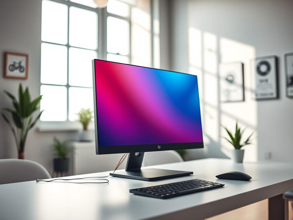 A modern HP desktop computer setup prominently displayed on a sleek, minimalist desk. In the foreground, the HP desktop features a stylish black chassis with LED accents, a 27-inch high-resolution monitor showcasing vibrant colors. A wireless keyboard and mouse complement the setup, emphasizing a clean, clutter-free workspace. In the middle background, soft sunlight streams through a large window, casting gentle shadows and creating a warm, inviting atmosphere. The walls are a soothing light gray, adorned with subtle tech-themed artwork. The overall mood conveys professionalism and innovation, perfect for a contemporary office environment. Shot with a shallow depth of field to focus on the desktop while the background remains softly blurred, enhancing the product's appeal.