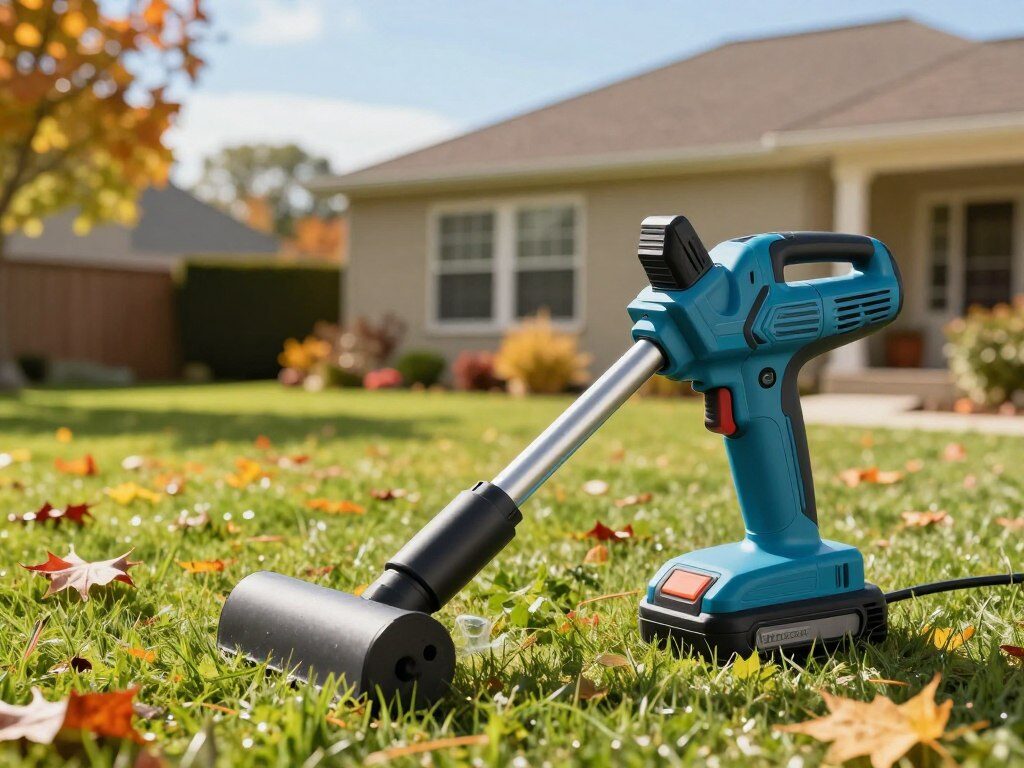 A modern cordless leaf blower prominently displayed in the foreground, showcasing its sleek, ergonomic design and vibrant color. The device features a powerful battery indicator and a streamlined nozzle. In the middle ground, a lush garden vibrantly colored with autumn leaves scattered across a manicured lawn, illustrating the effectiveness of the leaf blower in action. The background consists of a suburban home with a clear blue sky, conveying a pleasant day. Soft sunlight bathes the scene, highlighting the details and creating a warm, inviting atmosphere. The angle captures both the leaf blower and its purpose in a refreshing, tidy outdoor environment, emphasizing efficiency and user-friendliness. No people or text present.
