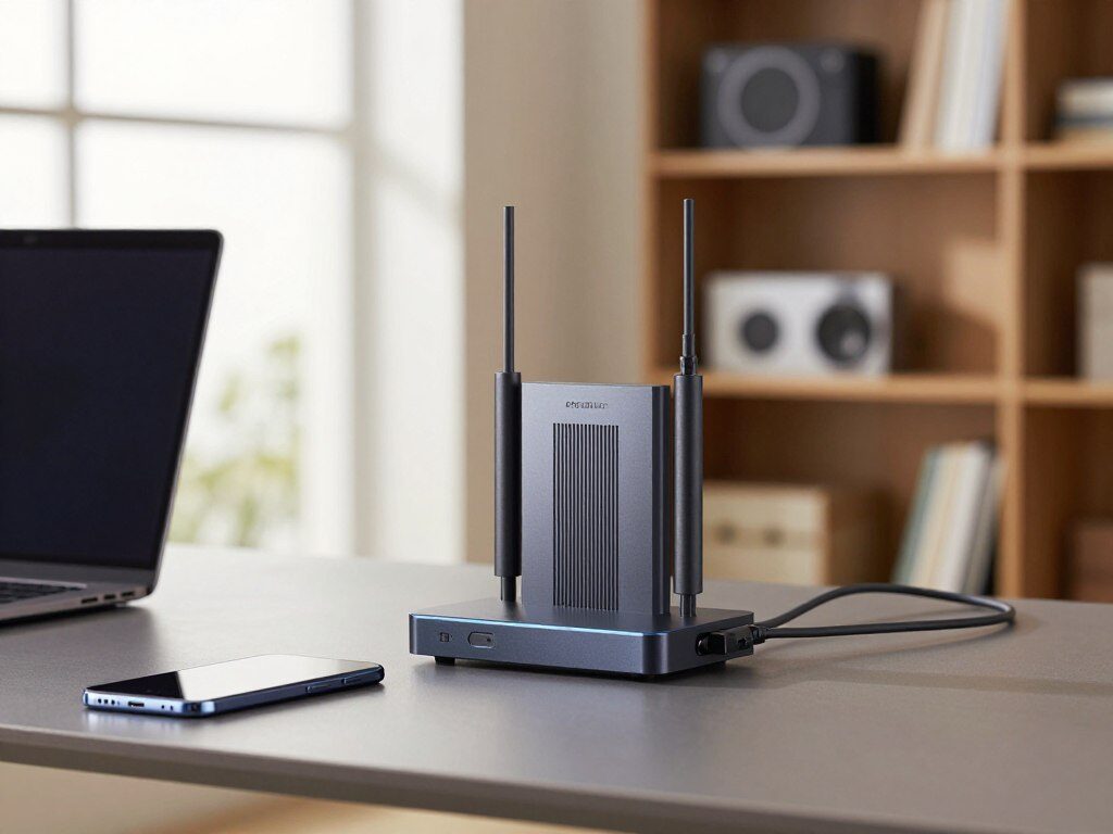 A modern home office setup featuring a sleek, advanced cable modem prominently displayed on a stylish desk. In the foreground, the modem is positioned next to a laptop and a smartphone, highlighting its importance in a connected lifestyle. The middle ground includes a tasteful arrangement of cables neatly managed, with an ambient light reflecting off the modem's surface, enhancing its high-tech design. In the background, a softly blurred bookshelf filled with tech gadgets and books adds depth to the scene, while a large window allows natural light to flood the room, creating a warm and inviting atmosphere. The overall mood is professional and contemporary, symbolizing efficiency and modern living.