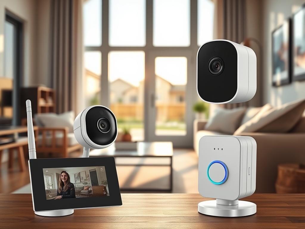 A modern home security system showcased in a cozy, well-lit living room. In the foreground, display a sleek wireless security camera and a user-friendly control panel, highlighting their advanced features. The middle ground features a smart doorbell camera with a clear view of the door, surrounded by stylish home decor. In the background, a large window reveals a peaceful suburban neighborhood, with a clear sky and gentle sunlight pouring in, creating a warm and inviting atmosphere. Use a soft focus lens effect to emphasize the foreground products while gently blurring the background. The overall mood is reassuring and secure, conveying the importance of home safety.