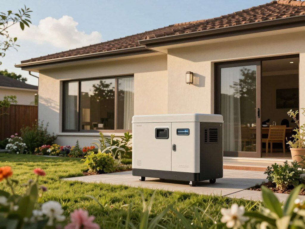 A modern home surrounded by a well-maintained garden, showcasing an elegant home standby generator installed discreetly next to the house. In the foreground, vibrant flowers and green shrubs frame the scene, while the generator is sleek and designed with a neutral color palette, blending with the home’s exterior. In the middle ground, the house features large windows reflecting natural light, suggesting a cozy and secure environment. In the background, clear blue skies with a few fluffy clouds enhance the peaceful atmosphere. The scene is illuminated by warm, soft sunlight, capturing a serene afternoon. The angle is slightly elevated, offering a comprehensive view of the home and generator while conveying a sense of reliability and comfort. The overall mood is inviting and reassuring, symbolizing the beneficial role of standby systems in ensuring continuous power supply.