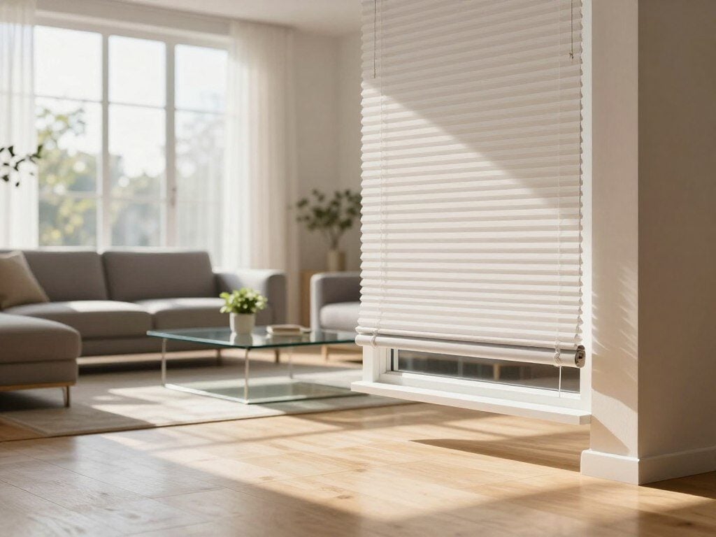 A modern interior showcasing stylish cordless window blinds in a sunlit living room. In the foreground, sleek cordless blinds are partially drawn, casting soft shadows on a light-colored wooden floor. The middle of the scene features contemporary furniture, including a minimalist grey sofa and a glass coffee table adorned with a small potted plant. In the background, a large, serene window bathes the room in natural light, highlighting the elegant blinds’ clean lines. The atmosphere feels warm and inviting, with a soft focus effect to create depth. The lighting should be bright but soft, suggesting a cozy afternoon. The image captures a harmonious blend of sophistication and functionality, ideal for modern homes. A modern interior showcasing stylish cordless window blinds in a sunlit living room. In the foreground, sleek cordless blinds are partially drawn, casting soft shadows on a light-colored wooden floor. The middle of the scene features contemporary furniture, including a minimalist grey sofa and a glass coffee table adorned with a small potted plant. In the background, a large, serene window bathes the room in natural light, highlighting the elegant blinds’ clean lines. The atmosphere feels warm and inviting, with a soft focus effect to create depth. The lighting should be bright but soft, suggesting a cozy afternoon. The image captures a harmonious blend of sophistication and functionality, ideal for modern homes.