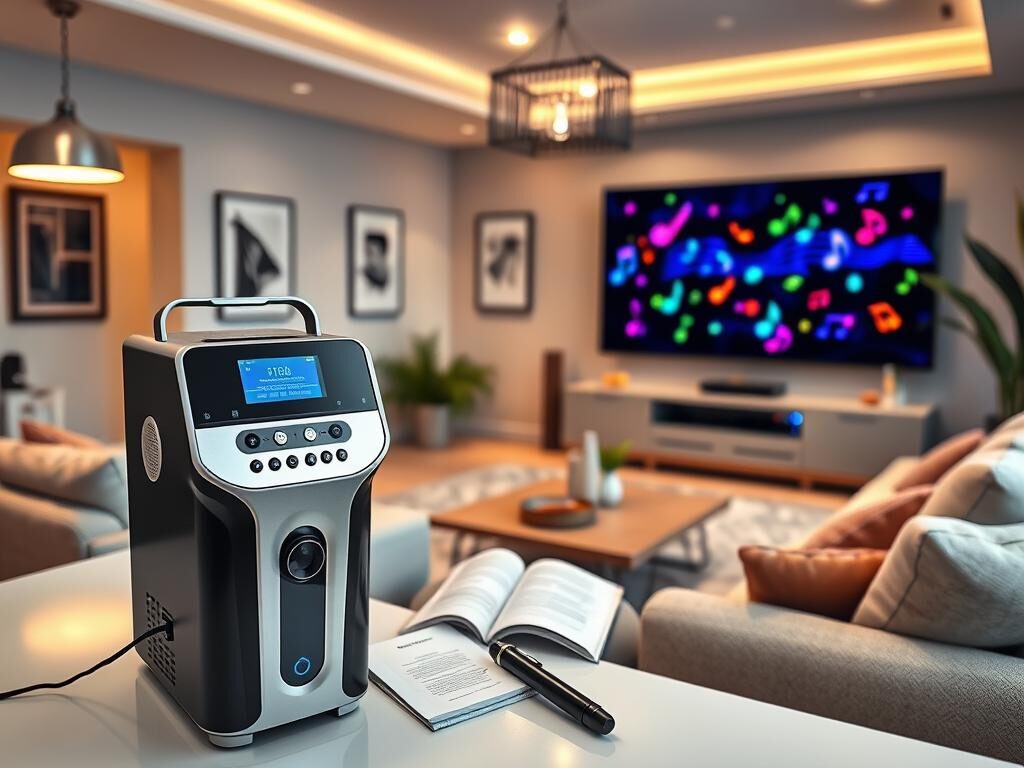 A modern karaoke machine designed for home use, prominently placed in the foreground, featuring a sleek, high-tech design with a touchscreen interface and vibrant LED lighting