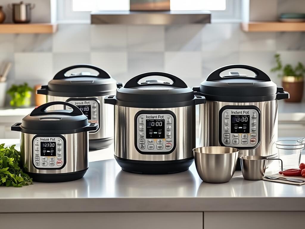 A modern kitchen countertop showcasing a variety of Instant Pots in an appealing layout. In the foreground, three sleek Instant Pots in different sizes and colors, including stainless steel and matte black, with their distinctive digital control panels prominently displayed. In the middle ground, accessories like steam baskets and measuring cups are neatly organized, enhancing the practicality of the scene. The background features soft-focus kitchen elements, such as an elegant backsplash and potted herbs, creating a warm and inviting atmosphere. Natural light pours in from a nearby window, casting gentle shadows that highlight the Instant Pots' features. The overall mood is one of innovation and culinary excitement, ideal for showcasing the versatility and popularity of these kitchen appliances. A modern kitchen countertop showcasing a variety of Instant Pots in an appealing layout. In the foreground, three sleek Instant Pots in different sizes=