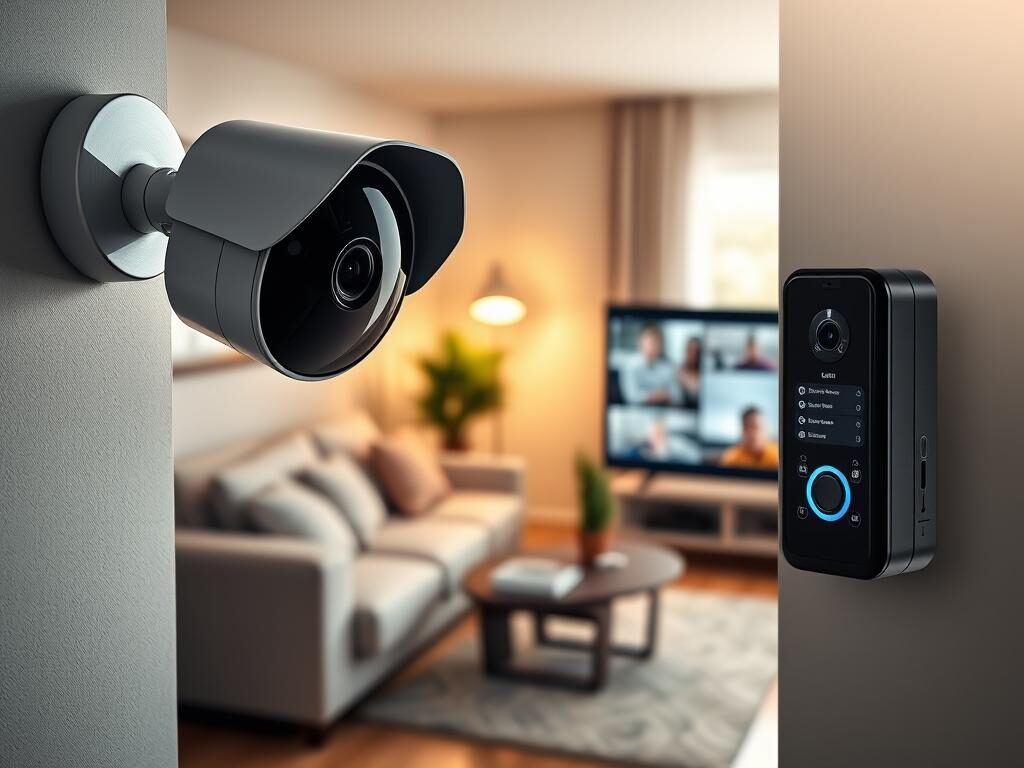 A modern living room featuring a sleek, high-tech home security system. In the foreground, a stylish security camera with a glossy finish is mounted on the wall, its lens reflecting ambient light. To the right, a smart doorbell with a clear digital screen displays notifications. In the middle, a computer screen showcases a user-friendly home security app interface filled with live camera feeds. The background reveals a cozy, well-decorated space with soft lighting, houseplants, and a comfortable sofa, creating a warm atmosphere. A soft glow from a nearby window suggests late afternoon sunlight filtering in. The overall mood conveys safety and comfort, emphasizing the importance of security in the modern home.