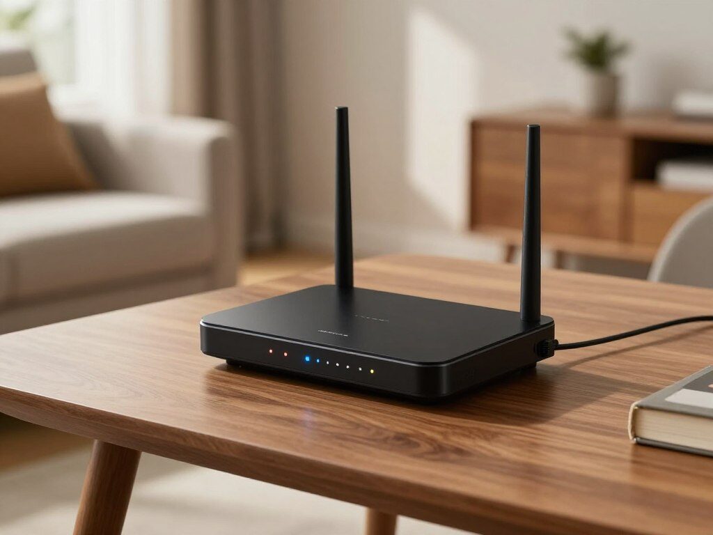 A modern modem router combo, sleek and compact, placed prominently on a stylish wooden desk. The device features LED lights indicating activity, with a glossy black finish and subtle branding. In the background, a soft blur of a cozy living room setting, complete with a minimalist decor style and natural light streaming in through a window, enhances the homely atmosphere. The focus is sharp on the modem router, captured from a slightly elevated angle to showcase its design and functionality. The lighting is warm and inviting, creating a sense of reliability and comfort within a modern home. The overall mood reflects a tech-savvy and connected lifestyle, ideal for any household.
