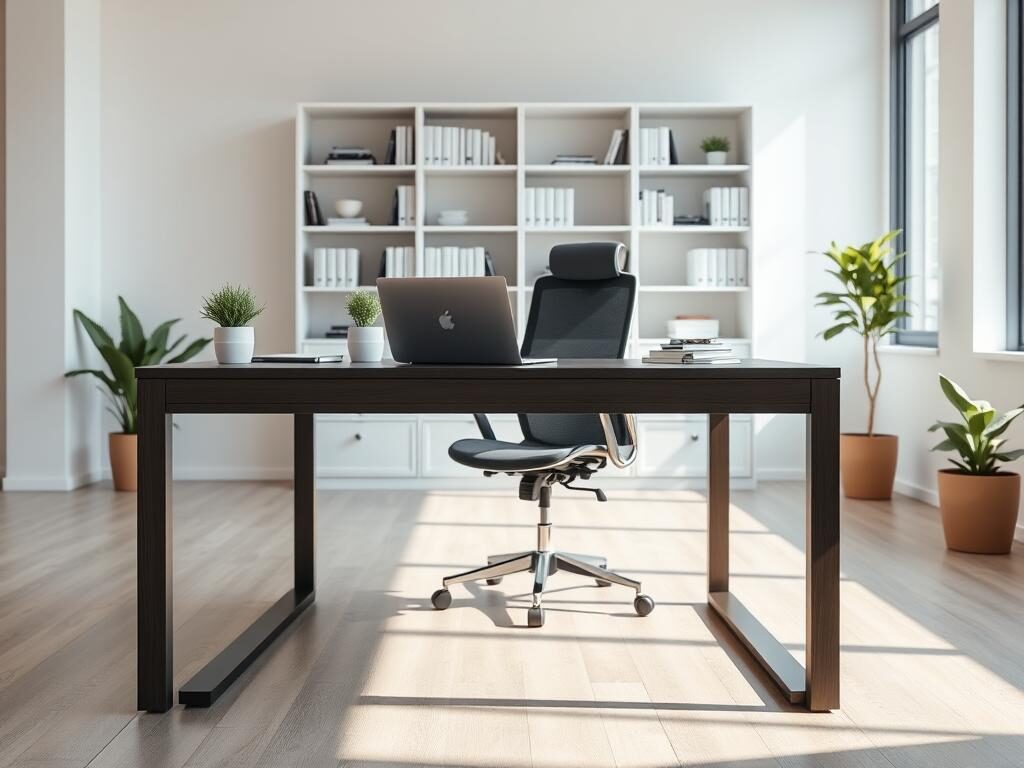 A modern office desk design in a bright, airy workspace. In the foreground, a sleek, minimalistic desk made of dark wood, featuring clean lines and a spacious surface. On top of the desk, a stylish laptop, a potted succulent, and a set of elegant stationery are arranged neatly. In the middle ground, a comfortable ergonomic office chair complements the desk, with a soft, mesh backrest. The scene is illuminated by natural light coming through a large window behind the desk, casting soft shadows on the floor. In the background, a minimalist bookshelf lined with neatly organized books and decorative accents sets a professional tone. The overall mood is inviting and productive, embodying contemporary office aesthetics.