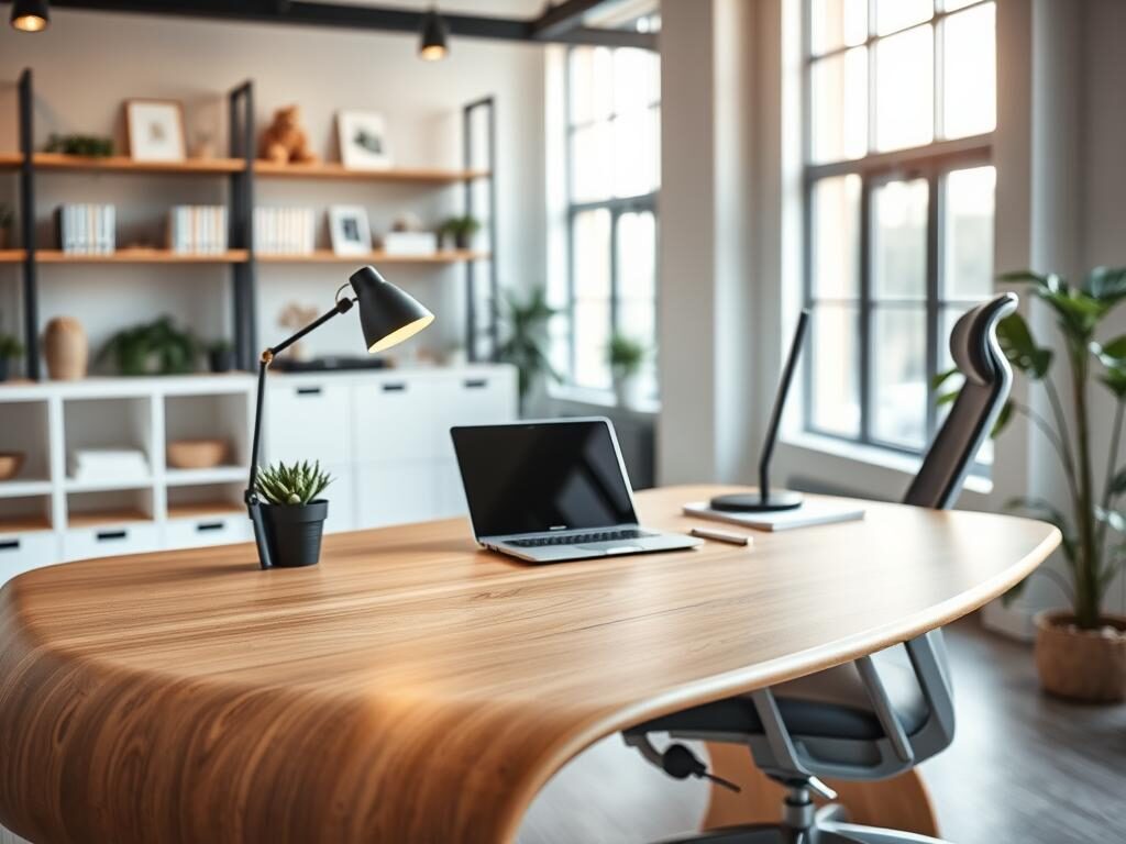A modern office desk setup designed for productivity and style. In the foreground, a sleek wooden desk featuring a minimalist design with gentle curves and a matte finish, positioned with a comfortable ergonomic chair. On the desk, an open laptop, a stylish desk lamp, and a potted succulent add a touch of greenery. The middle ground should show shelves with organized stationery and decor items. In the background, a well-lit office space with large windows allowing natural light to flood in, creating a bright and inviting atmosphere. Use warm, soft lighting to evoke a productive yet relaxing mood. The scene should be captured at eye level with a slight depth of field, emphasizing the desk as the focal point.