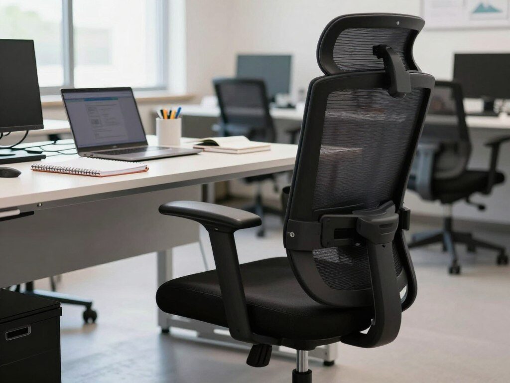 A modern office setting featuring a sturdy, ergonomic desk chair surrounded by various testing equipment. In the foreground, a close-up of the chair shows its adjustable features like lumbar support and armrests. The middle ground displays a workspace with a desk cluttered with notebooks and a laptop, illustrating the testing process for long hours of use. In the background, soft-focus lighting highlights a large window with natural light streaming in, creating a professional yet inviting atmosphere. The overall mood is analytical and focused, emphasizing the importance of comfort and design in office chairs. Use a wide-angle lens to capture the entire scene, ensuring clarity and detail in all elements. Avoid featuring people in the image for a more straightforward representation of the testing process.