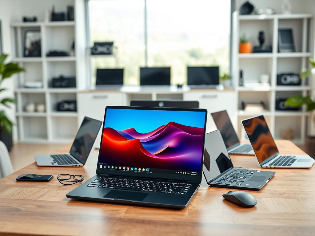 A modern, sleek home office setup featuring a variety of cutting-edge laptops displayed on a stylish wooden desk. In the foreground, a high-performance laptop with a vibrant display showcasing a productivity app, surrounded by a minimalistic mouse and ergonomic keyboard. In the middle ground, several different laptop models of various sizes=