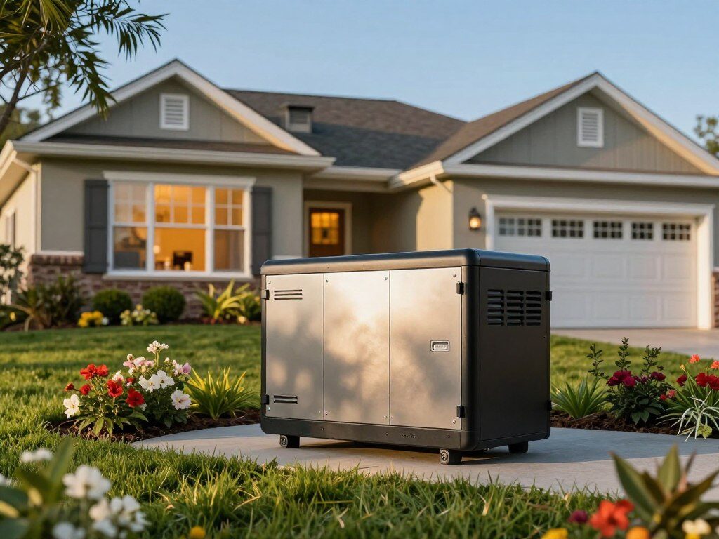 A modern whole house generator installed neatly beside a suburban home, showcasing a clean and tidy outdoor environment. In the foreground, the generator is prominently displayed, with its sleek metallic casing reflecting sunlight. The middle ground features a well-maintained lawn and flower beds, adding a vibrant touch. The background shows a cozy house with warm, inviting windows and a clear blue sky, emphasizing the generator’s role in providing power. The scene is illuminated by soft afternoon sunlight, casting gentle shadows for a relaxed atmosphere. A few trees sway lightly in the breeze, lending a sense of tranquility and reliability. The angle captures the house and generator in a harmonious composition, suggesting preparedness and security in any situation.