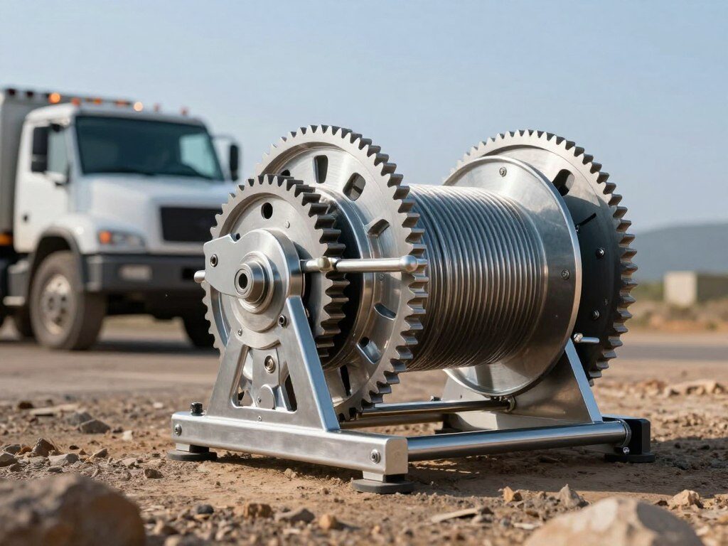 A modern winch, showcasing advanced engineering and technology, is prominently featured in the foreground. The winch is made of polished steel with intricate gears and a high-capacity spool, reflecting a polished surface that catches soft, natural light. In the middle ground, a rugged terrain hints at its practical applications, with a partially visible tow truck equipped for off-road capabilities. The background depicts a clear blue sky, emphasizing an atmosphere of innovation and reliability in modern winching systems. A shallow depth of field focuses on the winch, blurring the surrounding elements gently. The overall mood is one of strength and technological sophistication, perfect for illustrating the concept of modern winch technology in action.