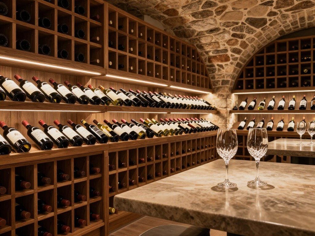 A modern wine cellar featuring elegant wooden racks filled with bottles of red and white wine. The foreground showcases a polished stone tasting table with two crystal glasses, reflecting soft, warm lighting. In the middle, rows of neatly organized wine bottles create a visually pleasing pattern, accented by soft LED lights providing a cozy ambiance. The background reveals an arched stone wall, enhancing the rustic yet sophisticated atmosphere. Overall, the scene is warm and inviting, suggesting a place for both relaxation and indulgence. The perspective is slightly angled from above to capture the entire layout, with a focus on the interplay of shadows and light that highlights the cellar's charm.