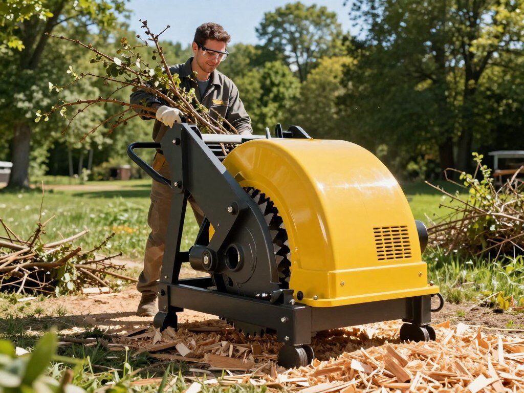 A modern wood chipper in operation, displayed prominently in the foreground. The machine is a robust, heavy-duty model with bright yellow and black colors, showcasing its sharp metal blades and sturdy frame. In the middle ground, a person in professional attire, wearing safety goggles and gloves, feeds branches into the chipper, demonstrating its functionality. Surrounding the chipper are scattered wood chips and small branches, emphasizing its purpose. The background features a lush green landscape with tall trees and a clear blue sky, adding a natural setting that highlights the context of property maintenance. The lighting is bright and natural, creating an inviting atmosphere, with shadows cast by the machine, capturing a lively scene of landscaping activity.