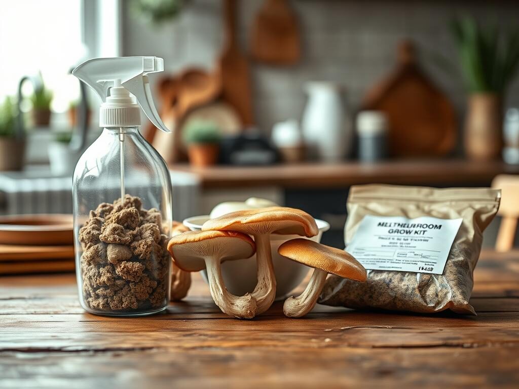 A neatly arranged mushroom grow kit displayed on a rustic wooden table, set against a softly lit kitchen backdrop. The foreground features various components of the kit: a clear plastic container with healthy mushroom mycelium, a spray bottle for misting, and a small bag of organic substrate. In the middle ground, a few mushrooms in different stages of growth emerge from the kit, displaying their delicate gills and earthy tones. The background is blurred, hinting at kitchen utensils and plants to create a homely atmosphere. Soft natural lighting filters through a window, casting gentle shadows that enhance the texture of the wood and the sheen of the mushrooms. The overall mood is inviting, emphasizing the simplicity and accessibility of growing mushrooms at home.