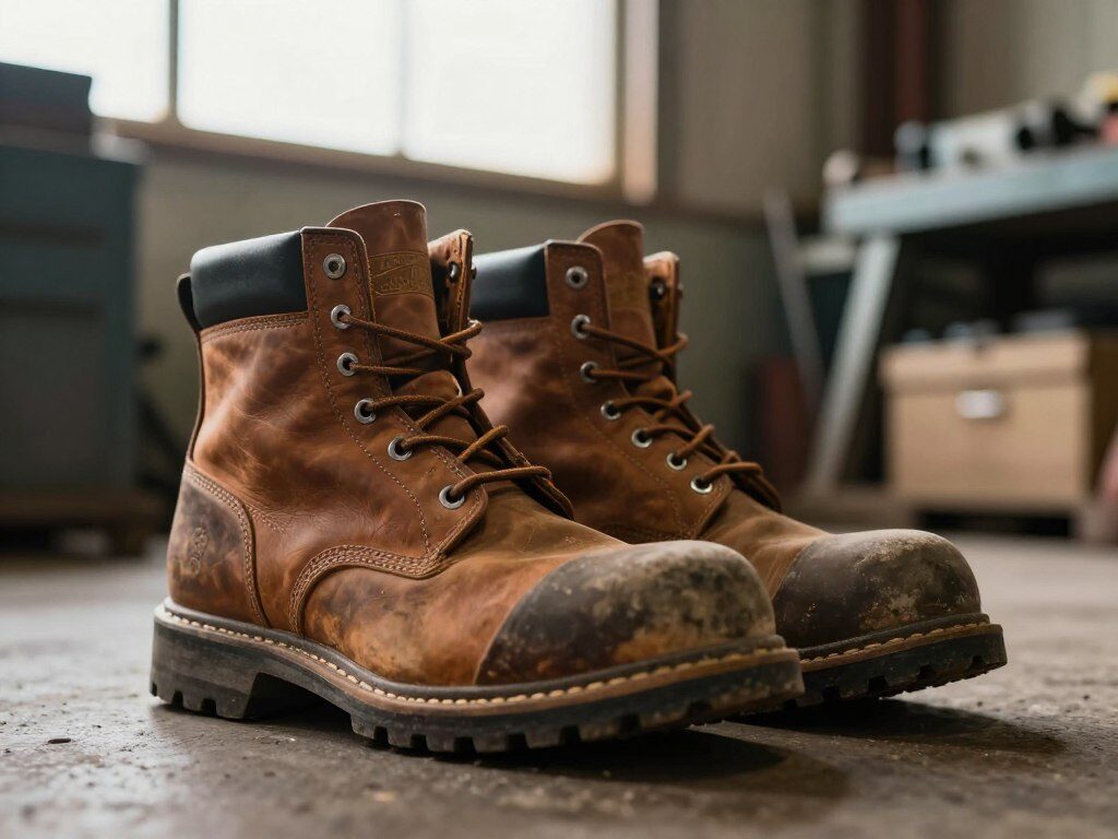 A pair of rugged, high-quality work boots sits prominently in the foreground, showcasing their sturdy leather construction and reinforced toe. The boots are slightly worn, indicating their reliability over time, with scuffs that speak to hard work and durability. In the middle ground, an industrial setting is faintly visible, with hints of tools and machinery that emphasize the boots' purpose. The background features a soft-focused workshop interior, illuminated by warm, natural light filtering through a window, creating an inviting atmosphere. The shot is taken from a low angle, emphasizing the boots’ formidable stature against the environment, inviting viewers to appreciate their essential role in ensuring safety and comfort for industrious workers.