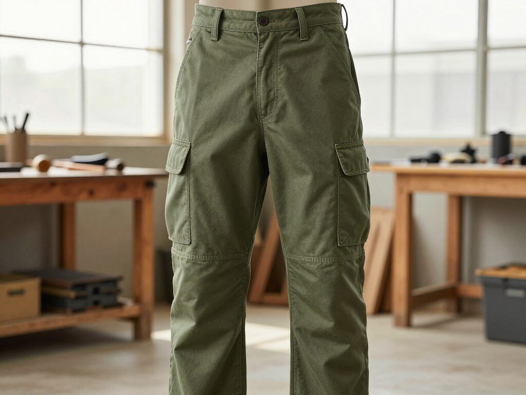 A pair of rugged utility pants displayed prominently in the foreground, showcasing their durable material and functional design. The fabric is a sturdy canvas in a deep olive green, featuring multiple utility pockets and reinforced stitching. In the middle-ground, a subtle working environment can be seen, with tools and a workbench softly blurred, emphasizing the pants' work-oriented purpose. The background features a bright, airy workshop with large windows letting in natural light, creating a warm and inviting atmosphere. Use a 50mm lens to capture a shallow depth of field, focusing sharply on the pants while gently blurring the surroundings. The overall mood is practical and industrious, highlighting the essential features to look for in quality work pants.