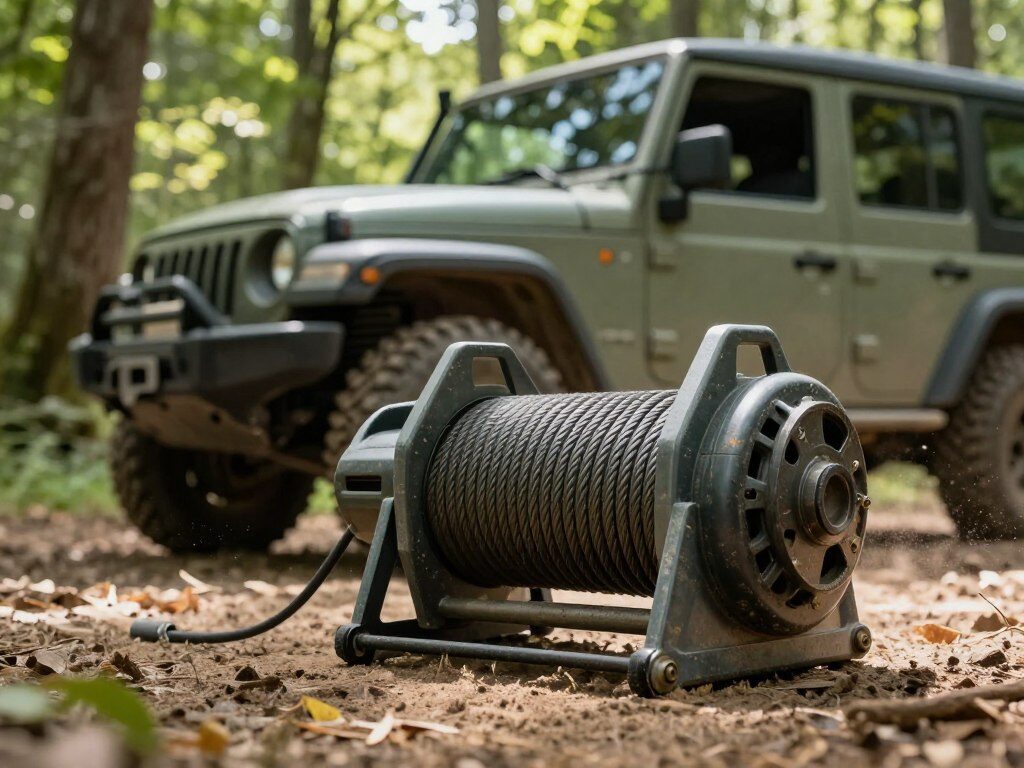A powerful, rugged off-road winch positioned prominently in the foreground, showcasing its heavy-duty steel cable and robust housing. The winch is surrounded by a dusty, outdoor environment, hinting at adventurous terrains. In the middle ground, a partially visible off-road vehicle is parked at a slight angle, with its front bumper near the winch, emphasizing its intended use. The background features a sunlit forest with vibrant green trees, casting dappled light onto the scene, enhancing the atmosphere of exploration and ruggedness. The image is shot from a low angle, giving a sense of stability and strength, with soft, natural lighting to create an inviting yet adventurous mood.