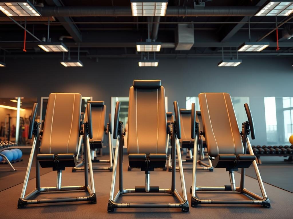 A professional-grade display of top-rated inversion tables in a well-lit gym setting. In the foreground, showcase three distinct inversion tables, each featuring ergonomic design and high-quality materials, with soft padded support and sturdy frames. The middle ground includes additional inversion tables lined up, highlighting variety in colors and styles. In the background, a subtle blur of gym equipment such as exercise mats and dumbbells to create a realistic environment. Use warm lighting to promote a welcoming atmosphere, capturing reflections and details that emphasize quality craftsmanship. The angle should be slightly above eye level, creating an engaging perspective that invites viewers to explore the products. The overall mood conveys professionalism, health, and fitness.