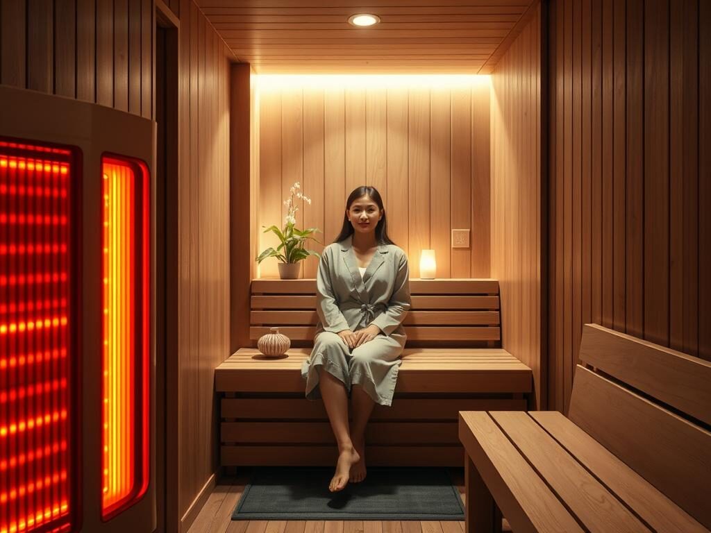 A serene and inviting infrared sauna interior, showcasing warm wooden panels and sleek lines. In the foreground, a radiant infrared heater with a subtle glow emanating from it casts a soft red light, hinting at the therapeutic warmth. In the middle ground, a person dressed in modest, professional loungewear, seated comfortably on a wooden bench, appears relaxed and content, enjoying the infrared therapy. The background features a softly lit ambiance, with a hint of greenery from a potted plant and a gentle glow from a diffuser, creating a peaceful spa-like atmosphere. The overall mood is calm and soothing, with an emphasis on wellness and relaxation, captured from a slightly angled view to enhance depth. The focus is clear, with a natural look, simulating a high-quality product photograph.