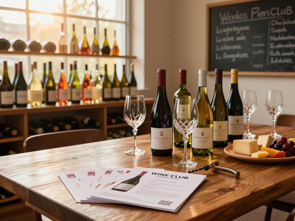 A serene and inviting wine tasting room featuring a polished wooden table elegantly set with a variety of wine bottles and crystal glasses. In the foreground, a handsome assortment of wine club membership brochures lies open alongside a corkscrew and a cheese platter adorned with fresh fruits. The middle layer showcases elegant wine racks filled with colorful bottles, and a window softly filters golden sunlight, creating a warm atmosphere. In the background, a chalkboard displays handwritten notes about wine varieties and tasting notes, emphasizing a knowledgeable selection process. The lighting is warm and inviting, capturing the coziness of a sophisticated wine experience. Convey a mood of appreciation and discovery, inviting viewers to explore the world of wine clubs.