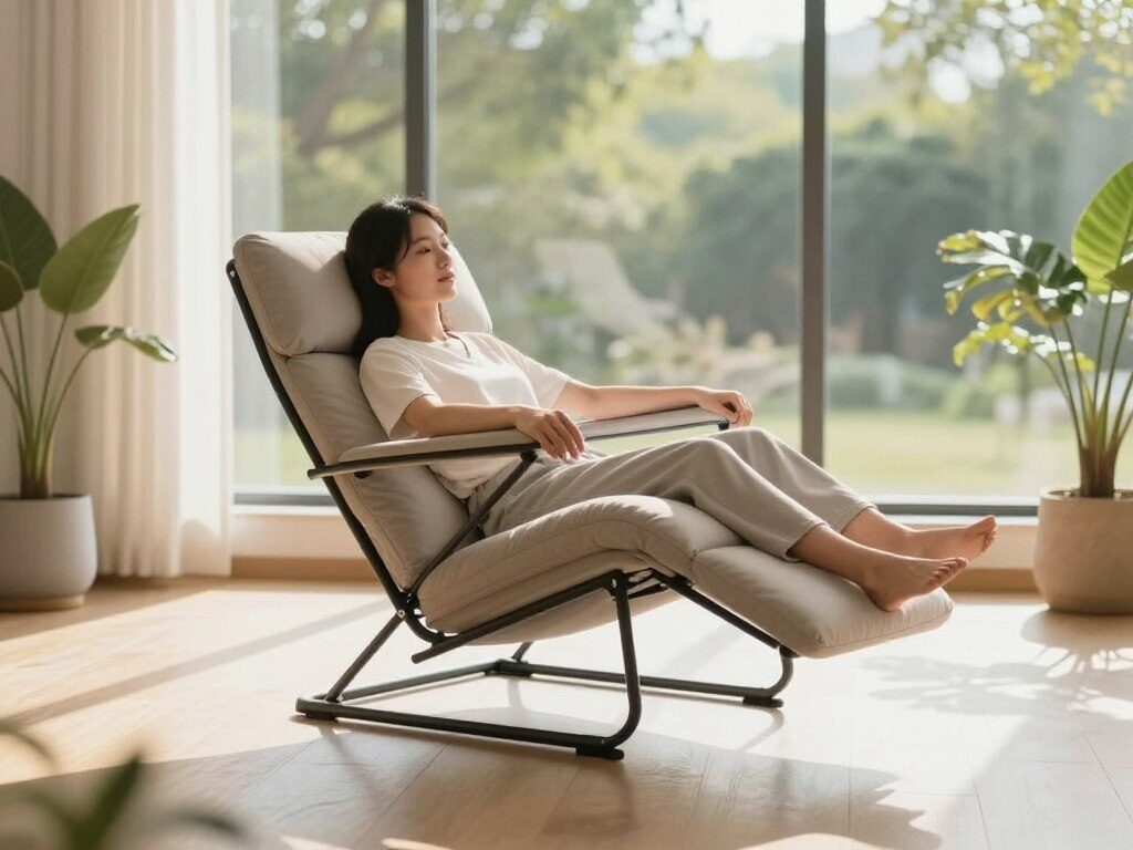 A serene, modern indoor space featuring a stylish zero gravity chair positioned centrally in the foreground. The chair, upholstered in a soft, neutral fabric, has a sleek contemporary design. A person in modest casual clothing sits comfortably in the chair, demonstrating a relaxed posture that highlights the chair's ergonomic features, arms extended lightly and legs elevated. In the middle ground, soft diffused sunlight filters through large windows, casting gentle shadows on the wooden floor. Subtle plants and minimalist decor enhance the tranquility of the environment, creating an inviting atmosphere. The background features a soft-focus view of soothing outdoor greenery, adding to the sense of harmony and relaxation. The overall mood is calm and peaceful, emphasizing comfort and wellbeing in a zero gravity setting.