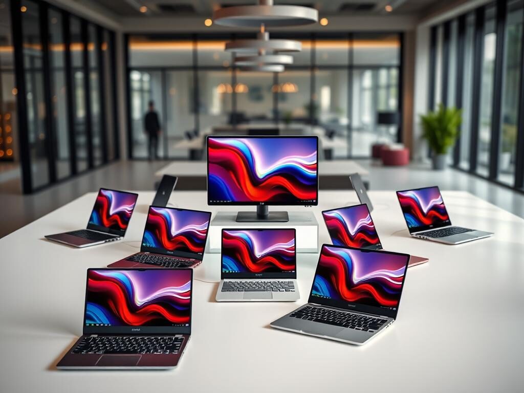 A showcase of the top 10 HP Envy computers for 2026, elegantly arranged on a sleek, minimalist workspace. In the foreground, several HP Envy models with various colors and configurations, highlighting their modern design and premium finishes. The middle layer features a high-resolution screen displaying vibrant graphics, showcasing the power of these devices. The background includes a stylish, blurred office environment with soft natural light filtering through large windows, creating a warm, inviting atmosphere. The image captures an upward angle to emphasize the sleekness of the laptops, evoking a sense of innovation and sophistication. The overall mood is professional and inspiring, perfect for showcasing cutting-edge technology in a contemporary setting.