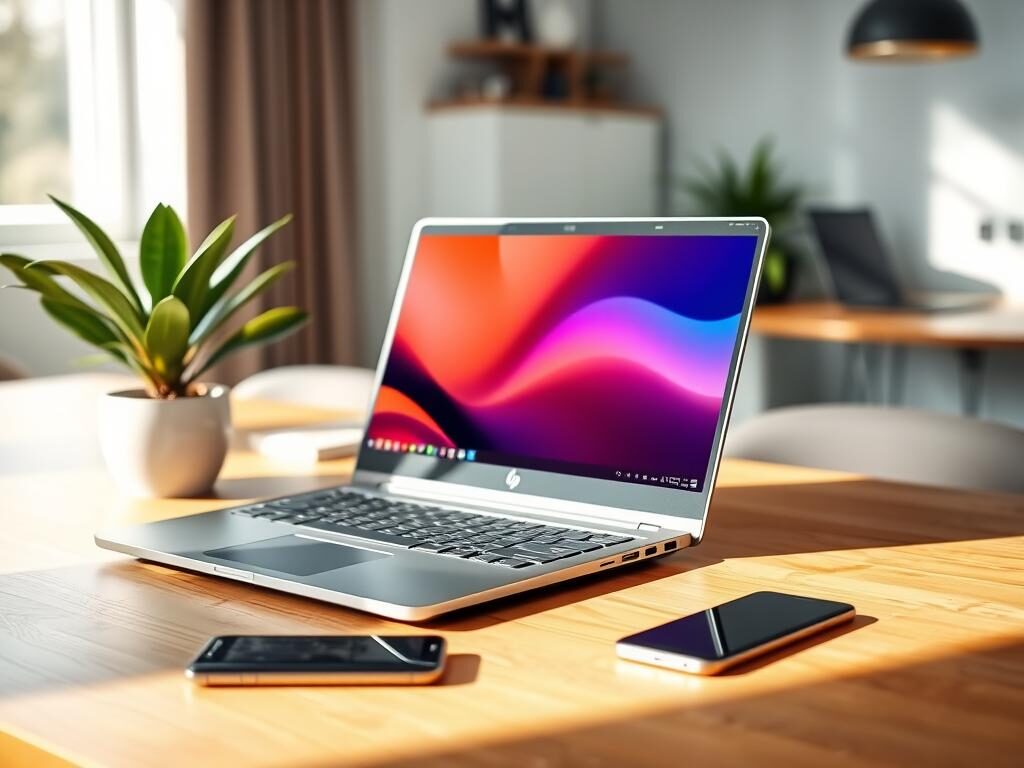 A sleek and modern HP Envy laptop prominently displayed on a stylish wooden desk. The laptop is open, showcasing a vibrant and sharp display with rich colors, highlighting the high-definition resolution. Surrounding the laptop, a minimalist aesthetic features a potted plant and a sleek smartphone, hinting at a tech-savvy workspace. Soft, natural light filters in from a nearby window, casting gentle shadows that create a calm and inviting atmosphere. In the background, blurred hints of office essentials and contemporary decor enhance the professional setting without distracting from the main subject. The shot is captured with a slight angle to emphasize the laptop's elegant design, focusing on its premium build quality and modern features.