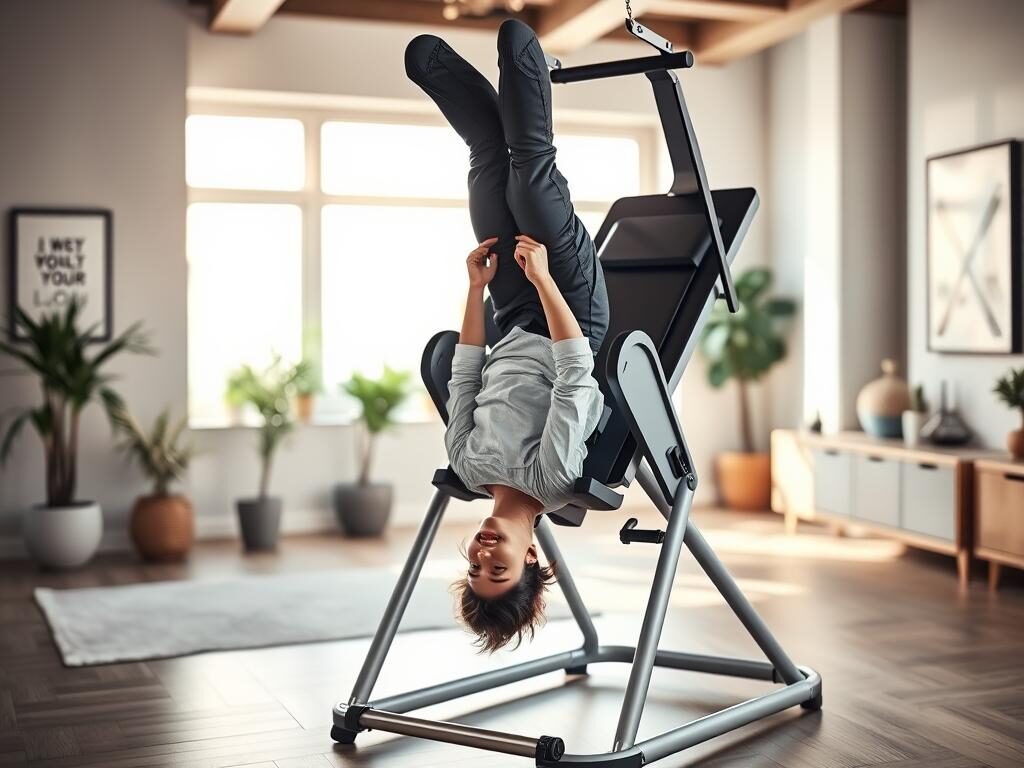 A sleek and modern inversion therapy table is positioned in the foreground, demonstrating its ergonomic design with a comfortable padded surface and adjustable settings. A person in professional attire is safely demonstrating the inversion therapy technique, hanging upside down with a relaxed expression to emphasize the benefits of spinal decompression. The middle ground features a softly lit, contemporary home fitness environment, with a few plants and motivational artwork on the walls, creating a serene atmosphere. The background is blurred to focus on the inversion table, but hints of sunlight streaming through a window enhance a sense of calm and well-being. The lighting is soft, casting gentle shadows, while the angle is slightly elevated to capture the subject's experience from a dynamic perspective. The overall mood is soothing and promotes health and wellness.