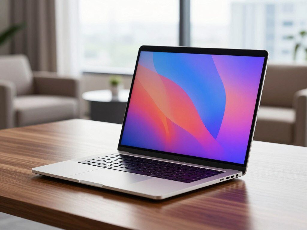 A sleek and modern laptop sitting on a stylish wooden desk, showcasing its innovative design and display. In the foreground, the laptop's ultra-thin profile is prominently displayed, featuring a vibrant OLED screen with minimal bezels that showcases stunning visuals. The middle ground includes a soft-focus background of an upscale office environment, with plush furniture and a window allowing natural light to flood the scene. Subtle reflections of the laptop can be seen on the polished desk surface, enhancing its premium feel. The atmosphere is bright and inspiring, symbolizing cutting-edge technology, and the image captures a professional, yet inviting mood. The shot is taken from a slight angle, using soft lighting to highlight the contours and details of the laptop's features. No text or distractions are present.