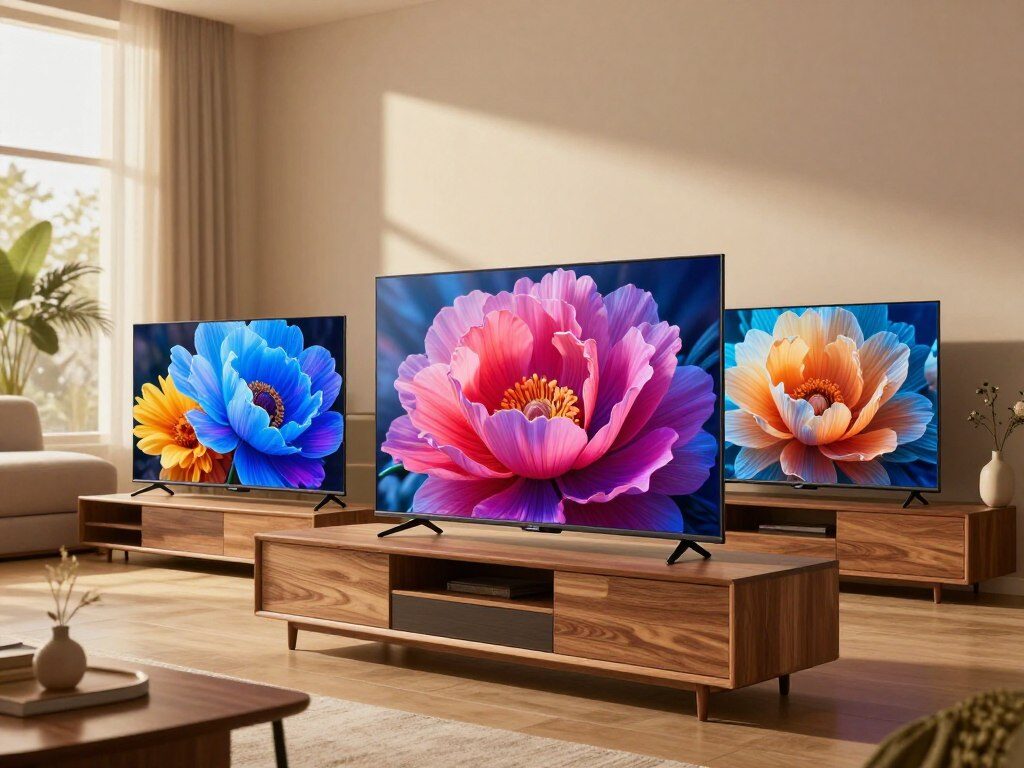 A sleek arrangement of three top-rated 55-inch LED TVs displayed prominently on a modern, minimalist wooden media console. The foreground showcases the TVs with vivid screens showing vibrant colors and sharp images, capturing the latest technology in display. In the middle, a stylish living room setting features a comfortable sofa and decorative items like plants and books to create a cozy atmosphere. The background hints at a softly-lit room with large windows allowing gentle sunlight to filter in, emphasizing the TVs' sleek designs. The lighting is warm and inviting, evoking a feeling of comfort and tech-savvy elegance. Focus on clarity and detail to highlight the TVs while maintaining a professional and appealing aesthetic.
