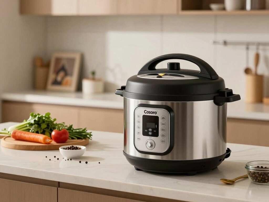 A sleek, modern Cosori 6-Quart Electric Pressure Cooker positioned prominently in the foreground, showcasing its elegant stainless steel design and user-friendly control panel. The cooker is highlighted with a soft, warm light that brings out its polished surfaces and intricate details. In the middle ground, a minimalist kitchen countertop adorned with fresh ingredients like vegetables, herbs, and spices, suggesting an inviting cooking atmosphere. The background features blurred kitchen elements, like a stylish backsplash and shelves with cookbooks, enhancing the homey vibe. The overall mood conveys efficiency and accessibility, perfect for budget-conscious home cooks eager to whip up delicious meals effortlessly. The scene is composed using a slightly elevated angle, emphasizing the pressure cooker's functionality and appeal. A sleek, modern Cosori 6-Quart Electric Pressure Cooker positioned prominently in the foreground, showcasing its elegant stainless steel design and user-friendly control panel. The cooker is highlighted with a soft, warm light that brings out its polished surfaces and intricate details. In the middle ground, a minimalist kitchen countertop adorned with fresh ingredients like vegetables, herbs, and spices, suggesting an inviting cooking atmosphere. The background features blurred kitchen elements, like a stylish backsplash and shelves with cookbooks, enhancing the homey vibe. The overall mood conveys efficiency and accessibility, perfect for budget-conscious home cooks eager to whip up delicious meals effortlessly. The scene is composed using a slightly elevated angle, emphasizing the pressure cooker's functionality and appeal.