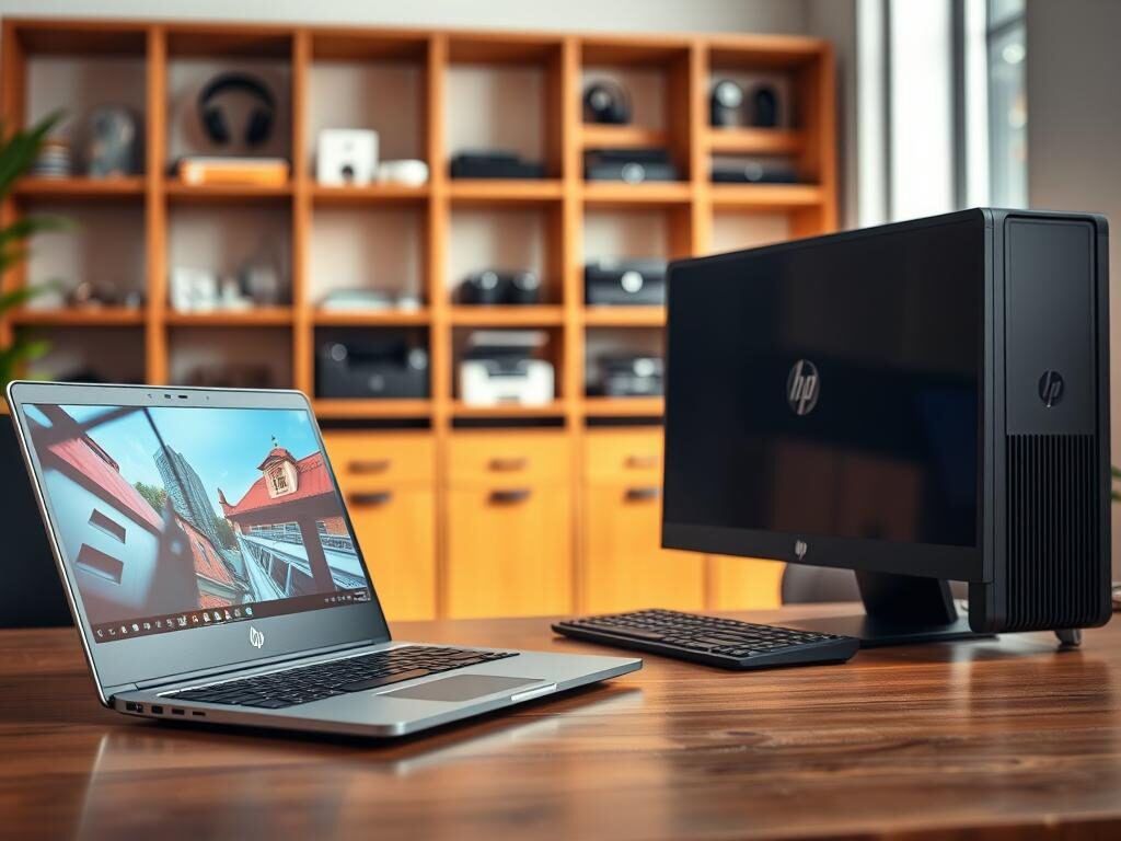 A sleek, modern HP laptop and a powerful HP desktop computer are positioned prominently in the foreground, showcasing their stylish designs and advanced features. The laptop is open, revealing its vibrant screen displaying a high-resolution image, while the desktop features a minimalist setup with a sharp monitor and elegant keyboard. In the middle ground, a subtle blur of a vibrant office environment highlights the productivity capabilities of HP computers. The background displays a soft-focus shelf lined with various HP accessories, like printers and headphones, suggesting a comprehensive tech ecosystem. Warm, natural lighting illuminates the scene, creating an inviting and professional atmosphere. The image employs a slightly elevated angle, emphasizing the sophistication and reliability of HP as a trusted brand in technology.