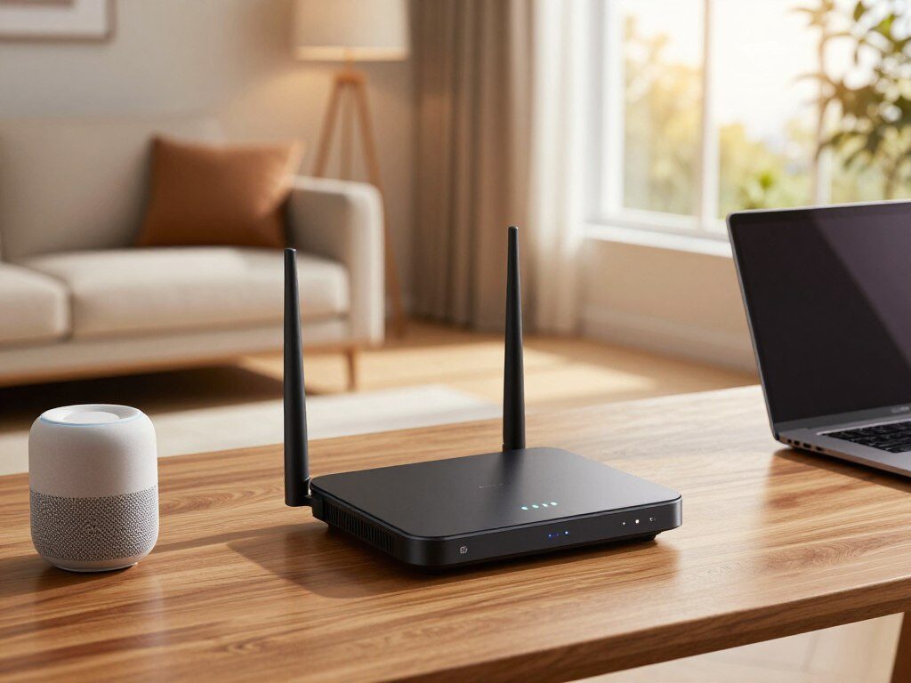 A sleek, modern Wi-Fi router designed for home networks occupies the foreground, showcasing its streamlined design, high-tech antennas, and LED indicators. The router is placed on a stylish wooden desk, surrounded by smart home devices like a smart speaker and a laptop, hinting at its connectivity capabilities. In the middle ground, an inviting living room is partially visible, adorned with neutral-colored furniture and ambient lighting that creates a cozy atmosphere. Soft, warm lighting casts gentle shadows, enhancing the router's features. In the background, a window reveals a serene outdoor view with bright sunlight filtering in, adding depth to the scene. The overall mood is contemporary and tech-savvy, reflecting innovation in home networking.