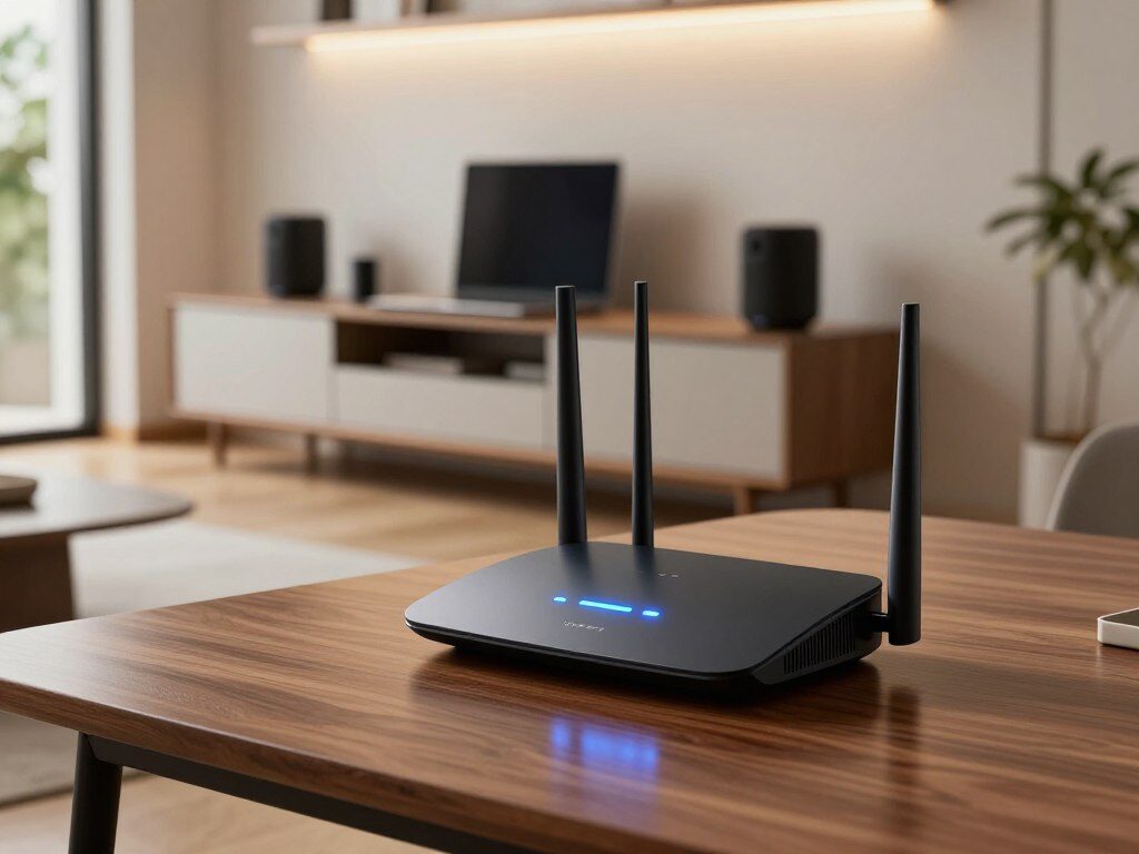 A sleek, modern Wi-Fi router positioned prominently in the foreground, showcasing its innovative design with smooth curves and high-tech LED indicators. The router is rendered with a glossy finish, displaying a subtle reflection on a polished wooden table beneath it. In the middle ground, a minimalist living space featuring a stylish media console and various connected devices like laptops and smart speakers, signifying advanced connectivity. Soft, ambient lighting from warm overhead fixtures creates a cozy atmosphere, while a blurred window in the background allows glimpses of greenery outside, emphasizing a contemporary lifestyle. The overall mood is one of efficiency and modernity, highlighting the router's essential role in seamless connectivity.