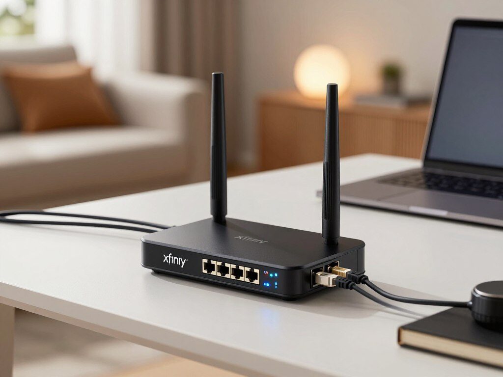 A sleek, modern Xfinity cable modem sits prominently in the foreground, showcasing its glossy black casing and digital display. The modem features ports for Ethernet and coaxial cables, with a subtle glow emanating from LED indicators that signal connectivity. In the middle ground, a few network cables trail off to a stylish desk setup, complete with an open laptop and tech accessories, emphasizing a seamless home office environment. The background presents a softly blurred living room with ambient lighting, creating a warm, inviting atmosphere. The scene is lit by natural daylight streaming through a window, enhancing the modem's details and giving the image a fresh, modern feel. The composition should focus on the modem, highlighting its importance in providing reliable internet access.