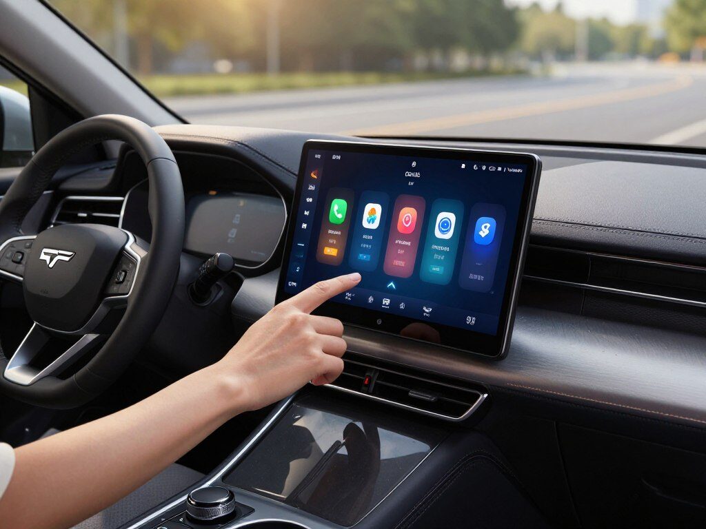 A sleek, modern car interior showcasing a state-of-the-art infotainment system with a vivid wireless CarPlay interface activated. In the foreground, a hand is reaching towards the touchscreen, emphasizing user interaction. The middle layer features the dashboard with stylish control knobs and a glossy finish, reflecting a blend of high-tech and luxury. The background displays a blurred view of an open road through the car's windshield, illuminated by natural sunlight filtering in. Soft, ambient lighting enhances the scene, creating a welcoming, advanced atmosphere. The angle captures the action from the side, providing a dynamic perspective while ensuring all elements highlight the innovation of wireless connectivity.