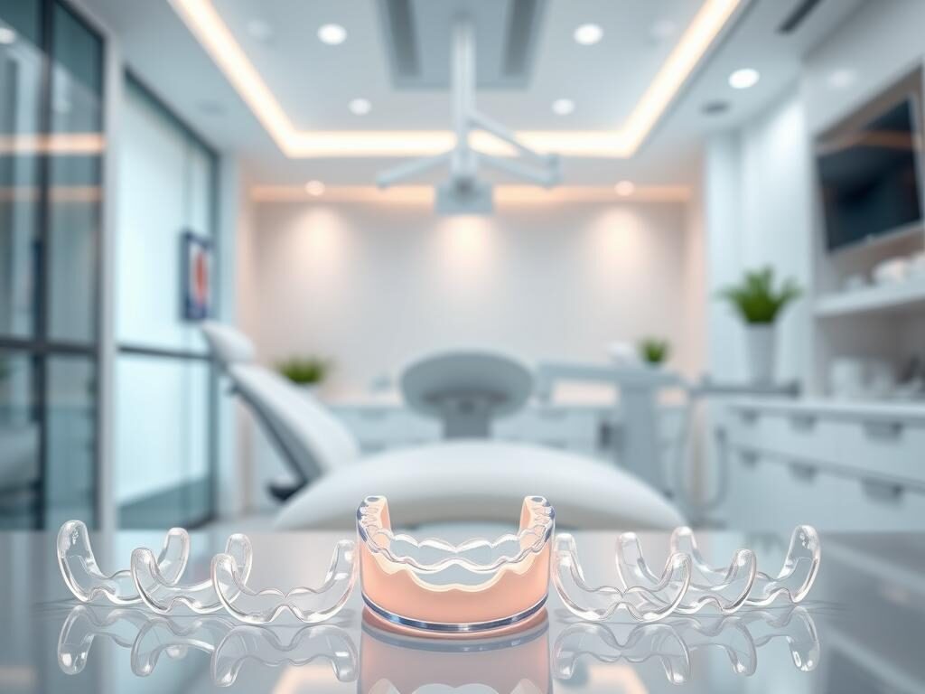 A sleek, modern dental clinic environment filled with soft, natural lighting. In the foreground, showcase an elegant display of the top 10 best clear aligners, arranged in a visually appealing manner with each aligner visible and highlighted. The aligners should be luminous and transparent, emphasizing their invisibility and comfort. In the middle ground, include dental tools and a model of a smiling mouth to suggest professional dental care. In the background, a calming color palette of soft blues and whites, with a subtle hint of greenery, creates a serene atmosphere. Capture the image from a slightly elevated angle, focusing on clarity and detail, conveying a sense of professionalism and trust in dental care. A sleek, modern dental clinic environment filled with soft, natural lighting. In the foreground, showcase an elegant display of the top 10 best clear aligners, arranged in a visually appealing manner with each aligner visible and highlighted. The aligners should be luminous and transparent, emphasizing their invisibility and comfort. In the middle ground, include dental tools and a model of a smiling mouth to suggest professional dental care. In the background, a calming color palette of soft blues and whites, with a subtle hint of greenery, creates a serene atmosphere. Capture the image from a slightly elevated angle, focusing on clarity and detail, conveying a sense of professionalism and trust in dental care.