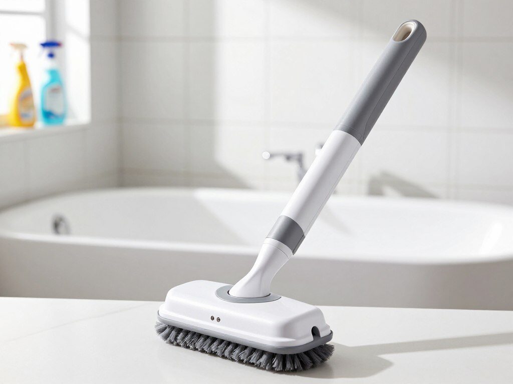 A sleek, modern design of the Quick Picks Spin Scrubber prominently displayed in the foreground, showing its rotating brush head and ergonomic handle. The middle layer features a sparkling clean bathroom scene, with bright tiles and a pristine bathtub, showcasing the cleaning power of the scrubber in action, revealing its efficiency in removing grime. Soft, natural light streams through a window, casting gentle shadows and highlighting the scrubber's features. The background includes a few cleaning supplies neatly arranged on a shelf, creating an organized and inviting atmosphere. The overall mood is fresh and clean, emphasizing the effectiveness and appeal of the Quick Picks Spin Scrubber as a must-have cleaning tool for budget-conscious homeowners.