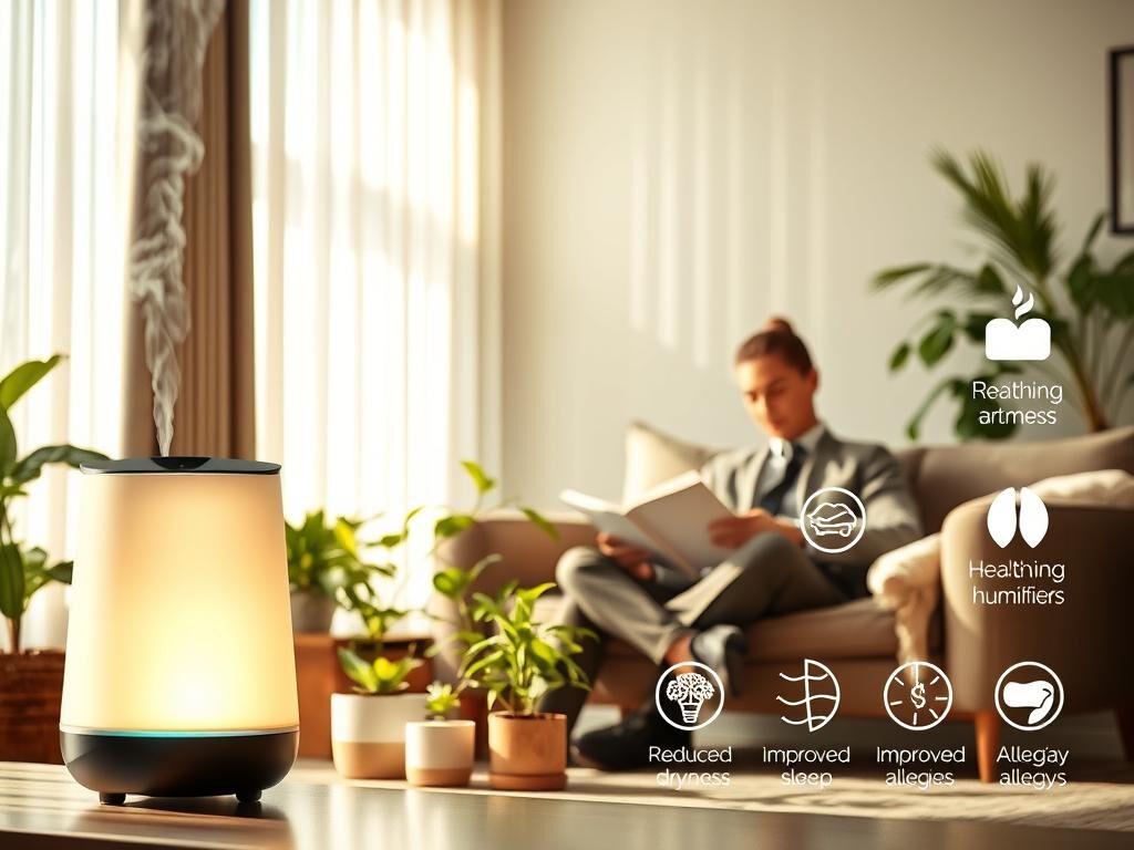 A sleek, modern humidifier positioned prominently in the foreground, exuding a gentle mist that softly illuminates the surrounding area. In the middle ground, showcase a cozy living room setting with potted plants thriving due to increased humidity, hinting at improved air quality. Soft sunlight filters through sheer curtains, casting a warm glow on the scene, enhancing the atmosphere of comfort and health. A person dressed in smart casual attire is reading a book nestled on a plush sofa nearby, embodying relaxation and tranquility. Background elements include a subtle representation of a health-focused infographic, illustrating benefits like reduced dryness, improved sleep, and alleviated allergies—without any text. The overall mood is serene and inviting, promoting the positive impacts of using a humidifier in a home environment.