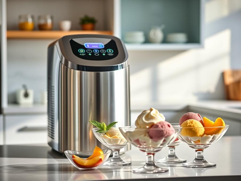A sleek, modern ice cream maker prominently displayed on a clean, contemporary kitchen countertop. The ice cream maker has a shiny stainless steel finish with an intuitive digital interface, showcasing vibrant buttons and a large, transparent lid revealing creamy ice cream churning inside. In the foreground, a few stylish scoops of colorful ice cream in elegant glass bowls sit waiting to be served, accented by fresh fruit slices and a sprig of mint. Soft, natural lighting illuminates the scene, creating a warm and inviting atmosphere. The background subtly hints at a well-organized kitchen with minimalistic shelves holding various ice cream toppings. The focus is sharp on the ice cream maker, emphasizing its sleek design and innovative features, inviting viewers to imagine creating delightful frozen treats at home.