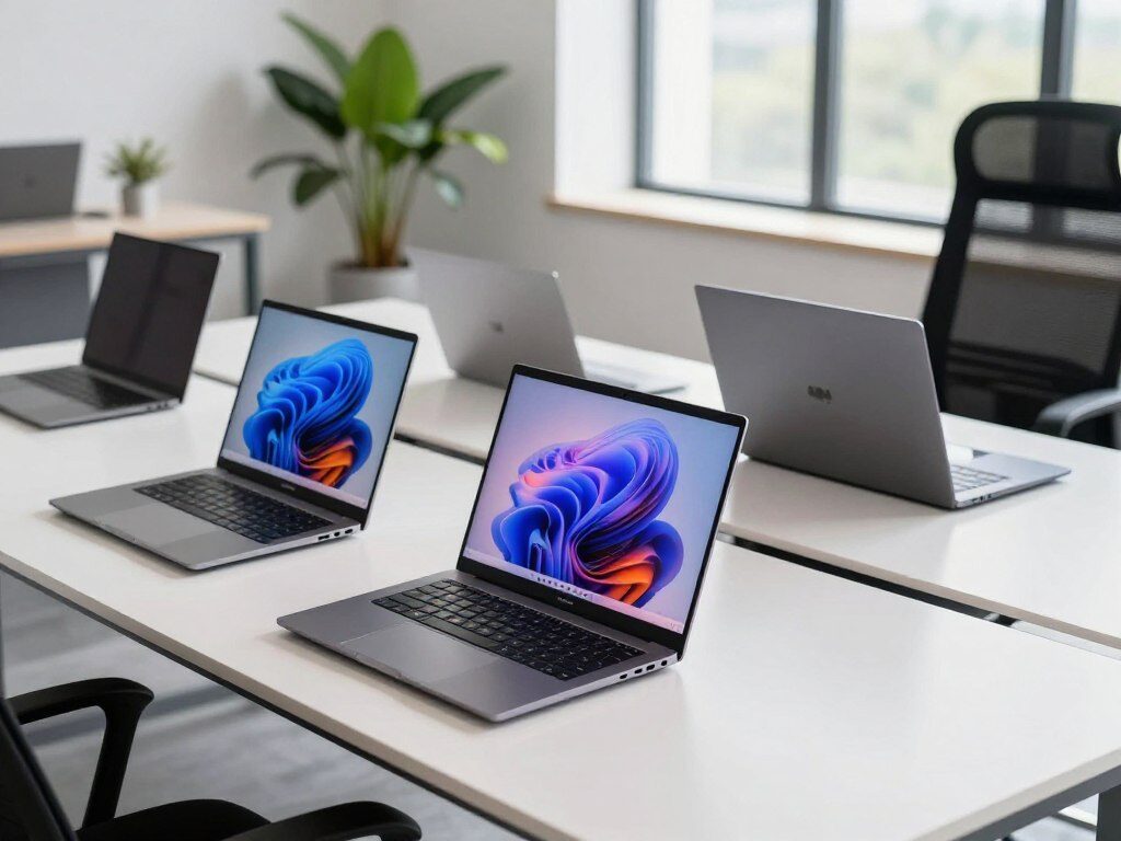 A sleek, modern workspace featuring an array of the top laptops of 2026 displayed prominently on a minimalist desk. In the foreground, two high-end laptops are open, showcasing vivid and vibrant screens that highlight their exceptional displays, one with a sleek silver finish and the other in matte black. The middle layer features a stylish ergonomic chair and a potted plant adding a touch of greenery. In the background, a bright, airy office environment with large windows letting in natural daylight creates an inviting atmosphere. Use soft lighting to emphasize the reflections on the laptop screens. Capture the scene with a slight angle, simulating the perspective of someone sitting at the desk, reflecting a professional and innovative mood suitable for tech enthusiasts.